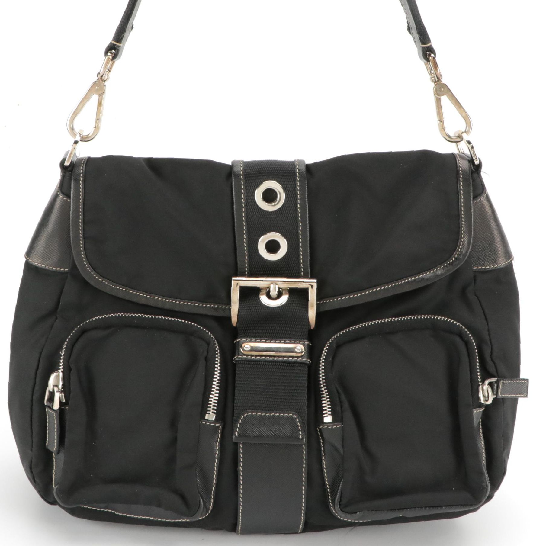 Prada Double Front Pocket Shoulder Bag in Nylon and Saffiano Leather