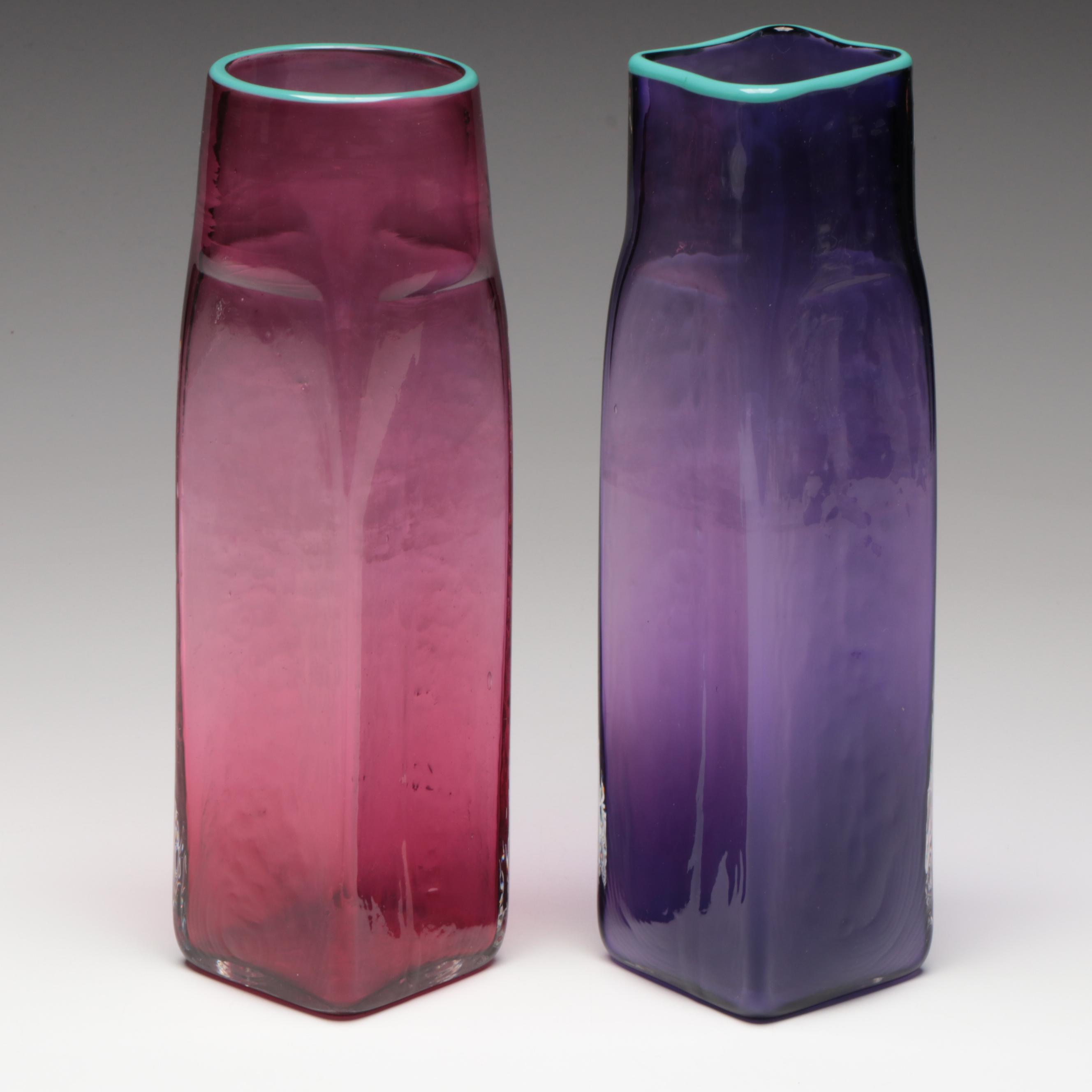 Michael Sosin Handblown Purple and Cranberry Art Glass Vases, Late 20th Century