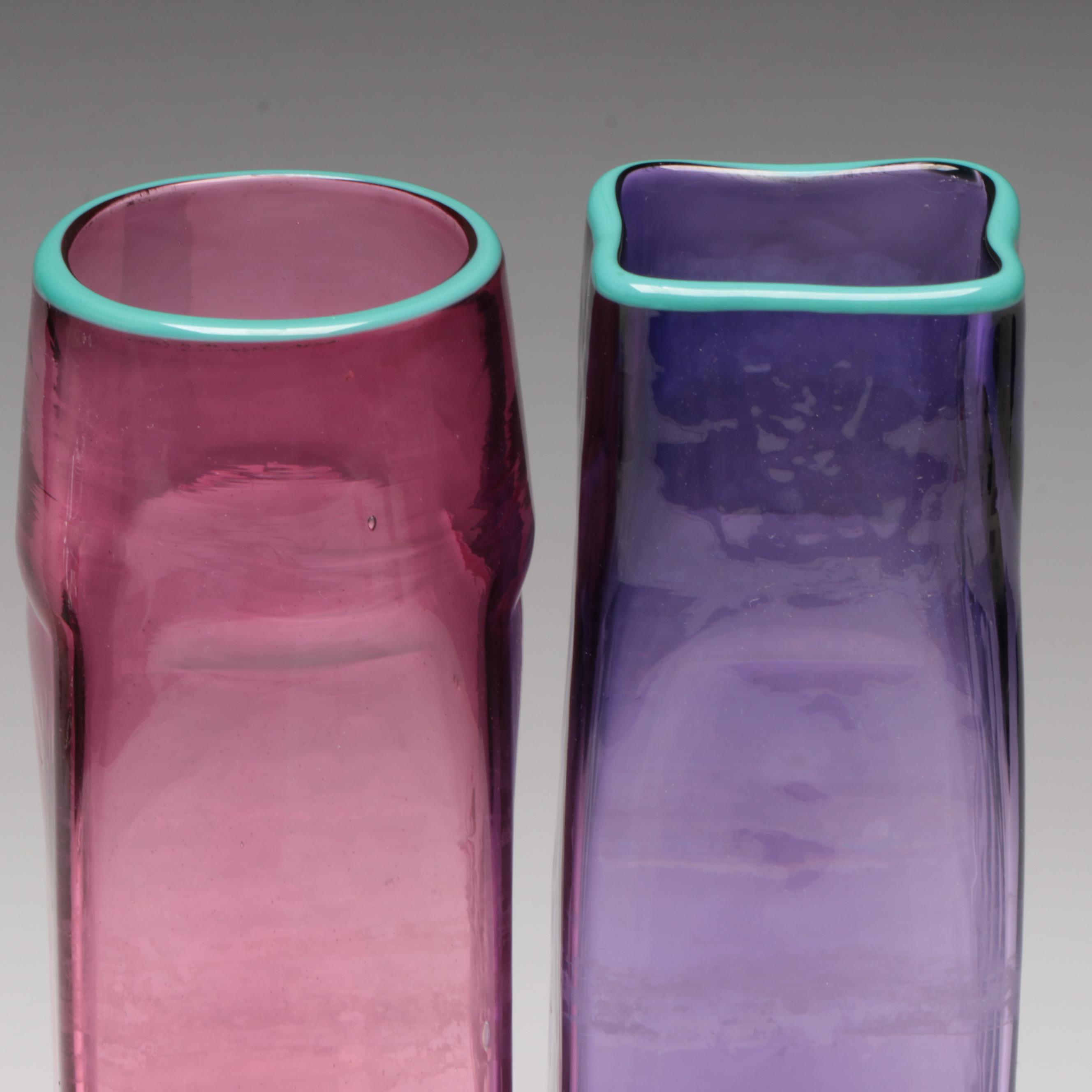 Michael Sosin Handblown Purple and Cranberry Art Glass Vases, Late 20th Century