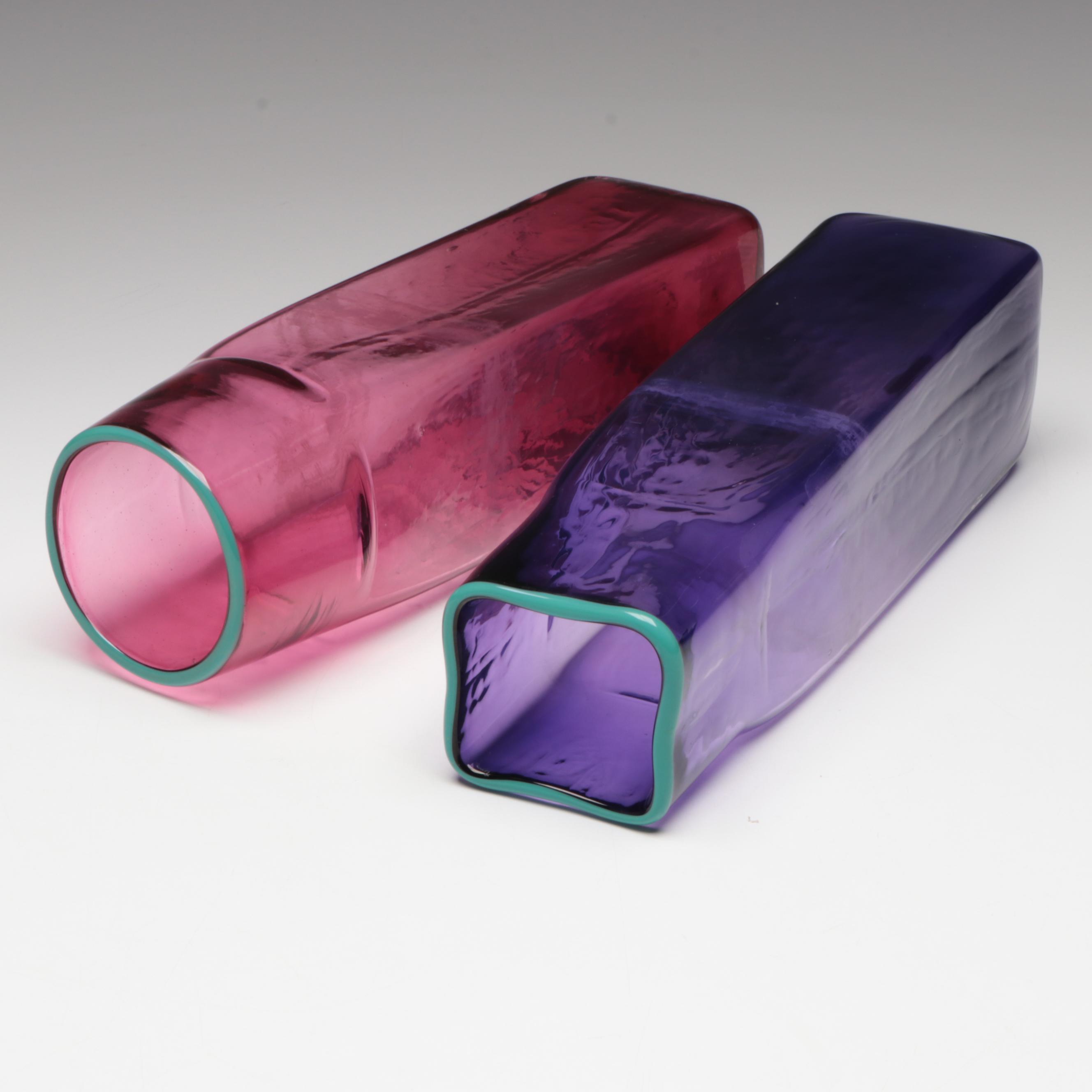 Michael Sosin Handblown Purple and Cranberry Art Glass Vases, Late 20th Century