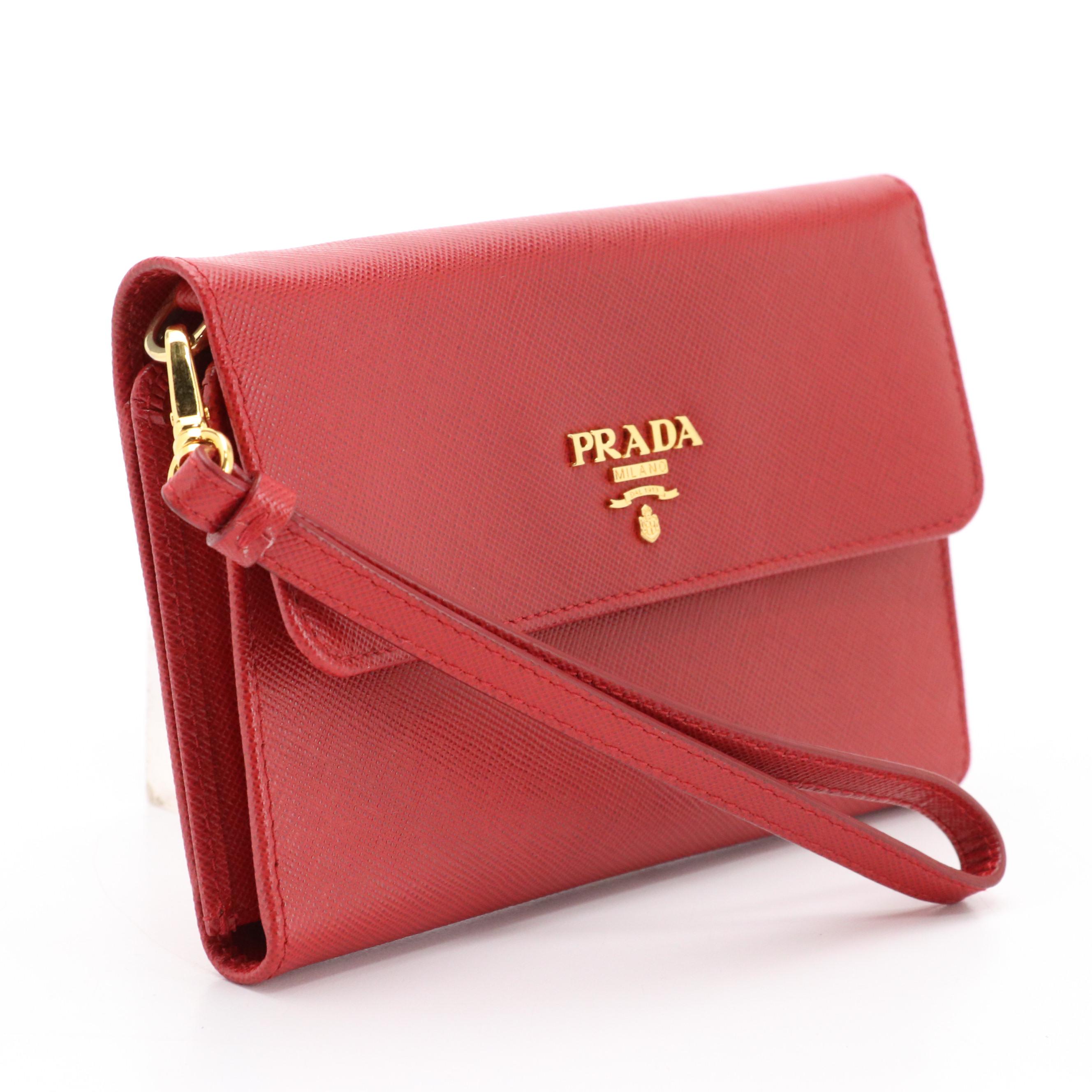 Prada Trifold Wallet Wristlet in Red Saffiano Leather