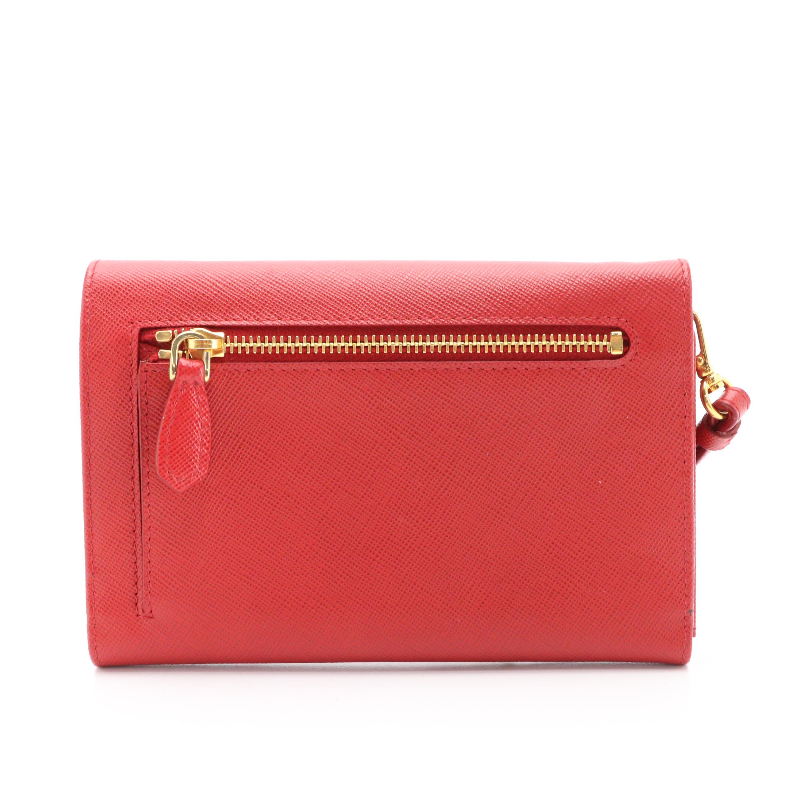 Prada Trifold Wallet Wristlet in Red Saffiano Leather