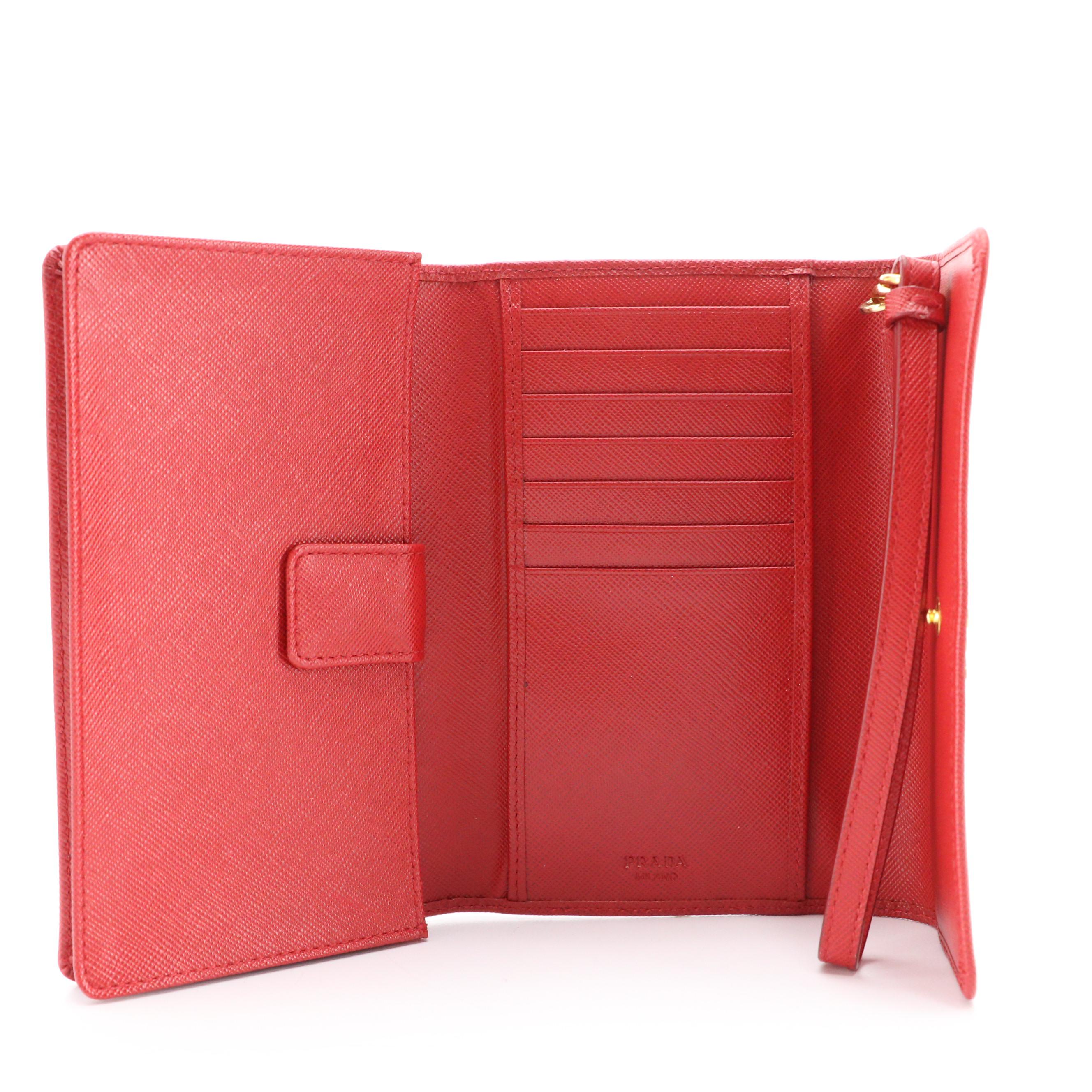 Prada Trifold Wallet Wristlet in Red Saffiano Leather