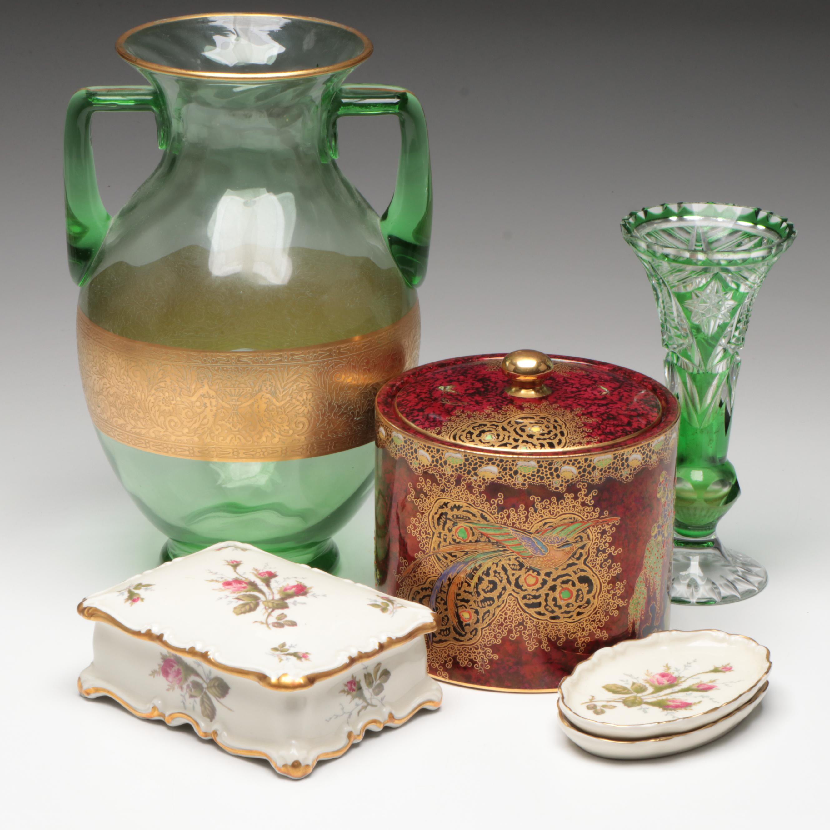 Bohemian Style Uranium Glass Vase with Dunhill Porcelain Humidor and More