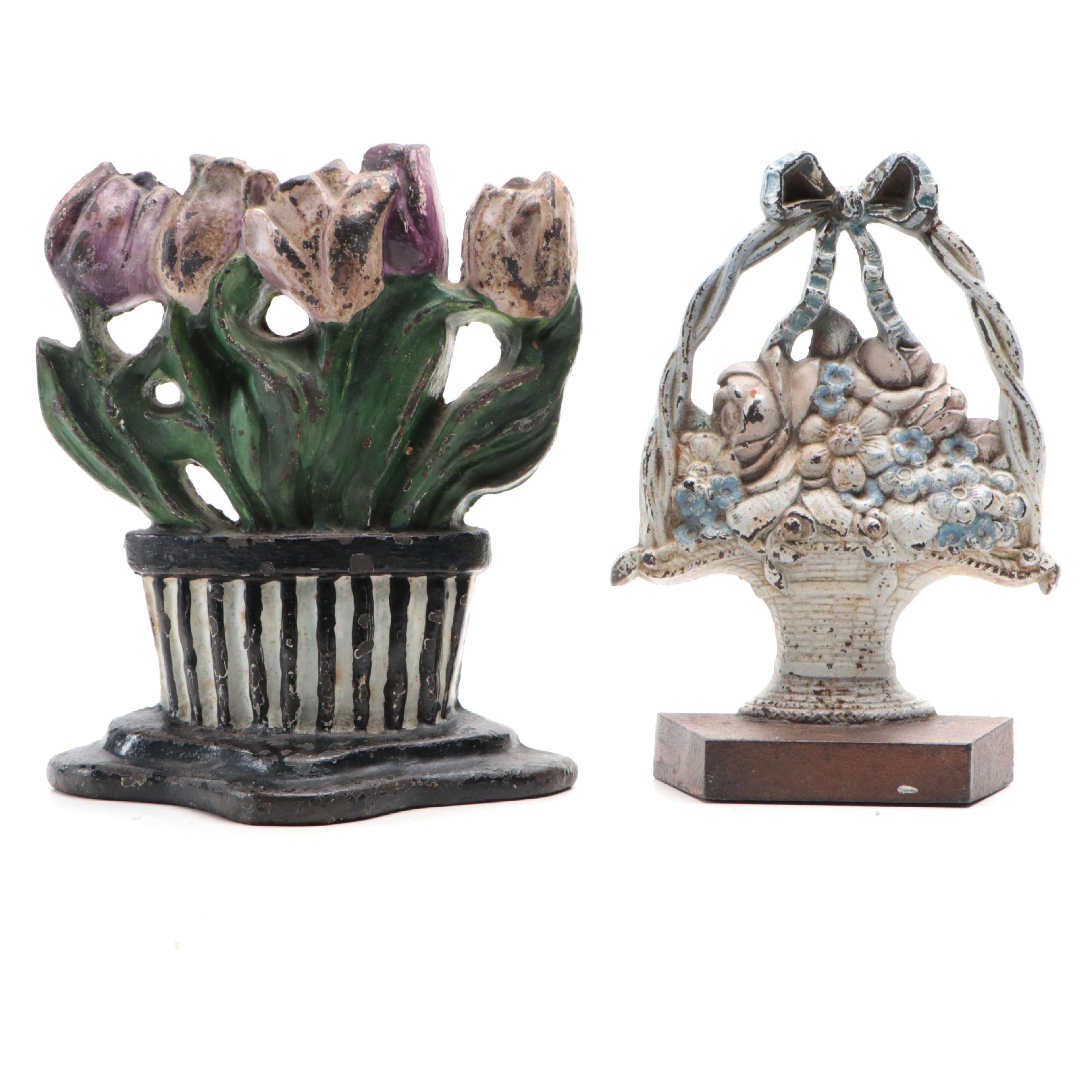 Cold-Painted Cast Iron National "Tulips" & Judd's Flower Basket #1259 Doorstops