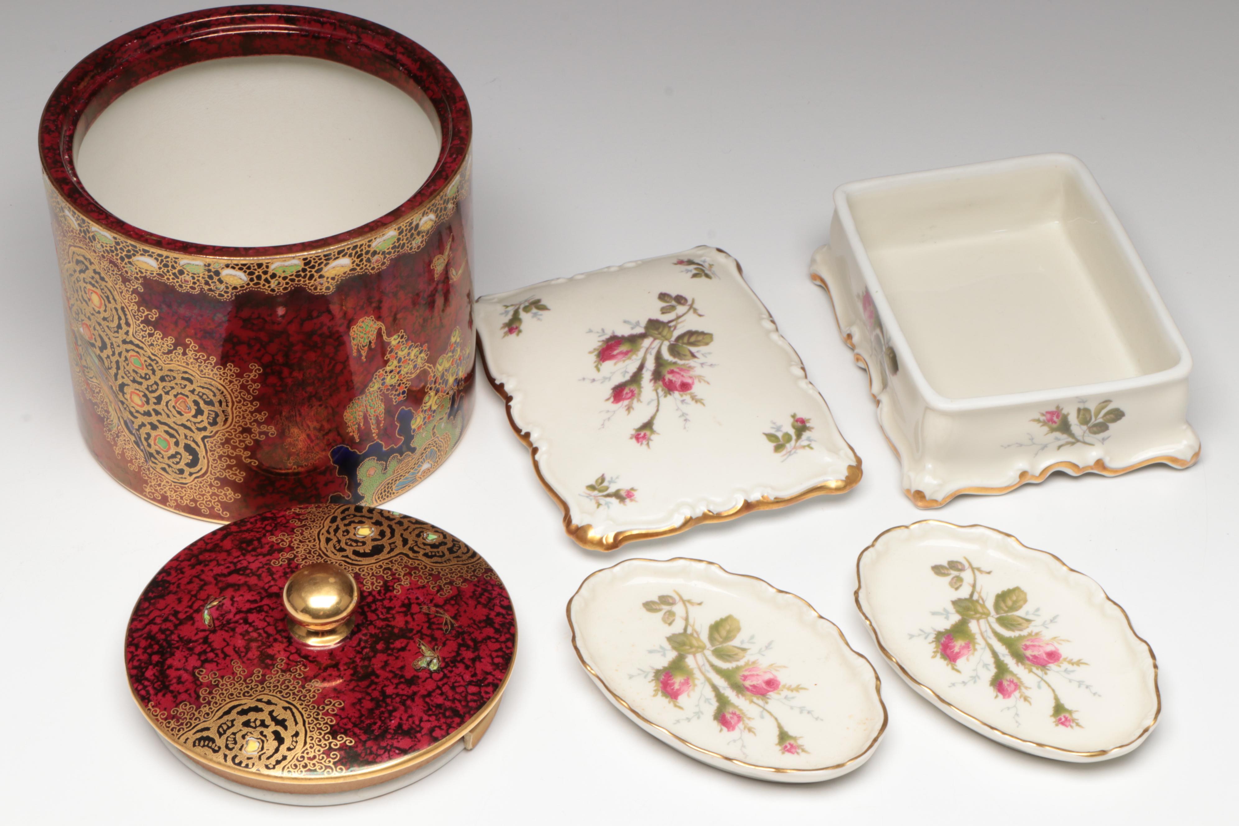 Bohemian Style Uranium Glass Vase with Dunhill Porcelain Humidor and More