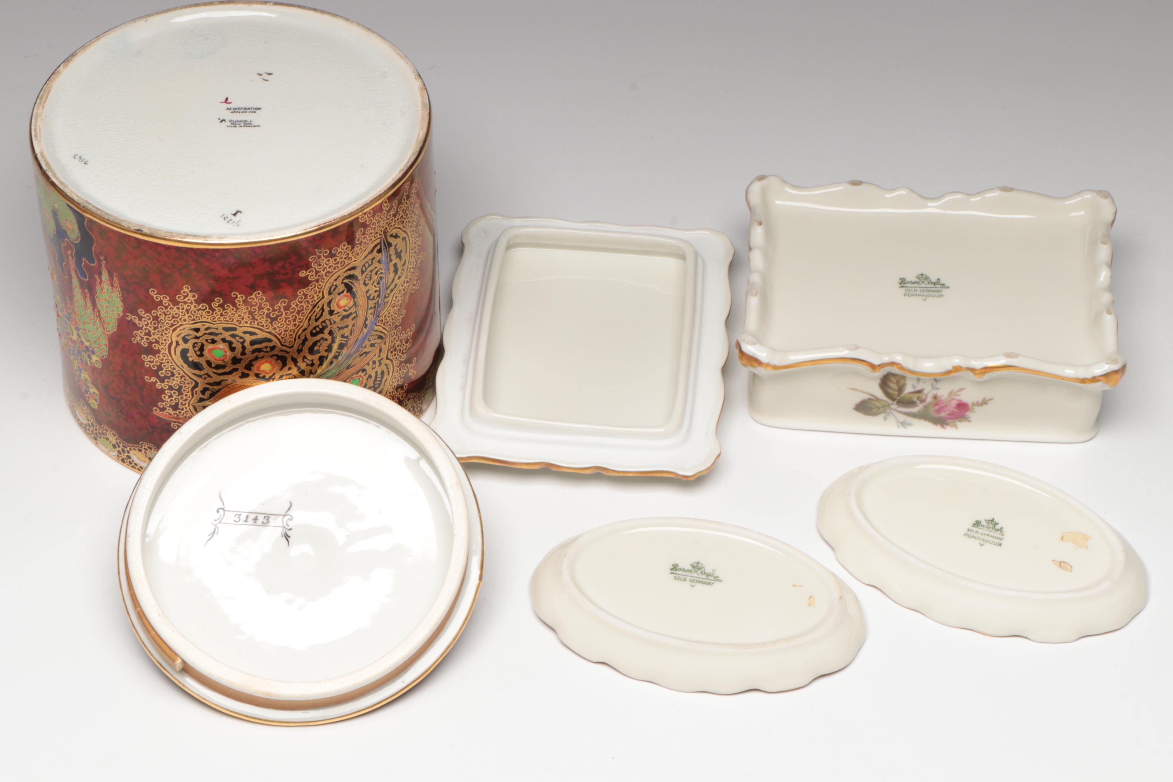 Bohemian Style Uranium Glass Vase with Dunhill Porcelain Humidor and More