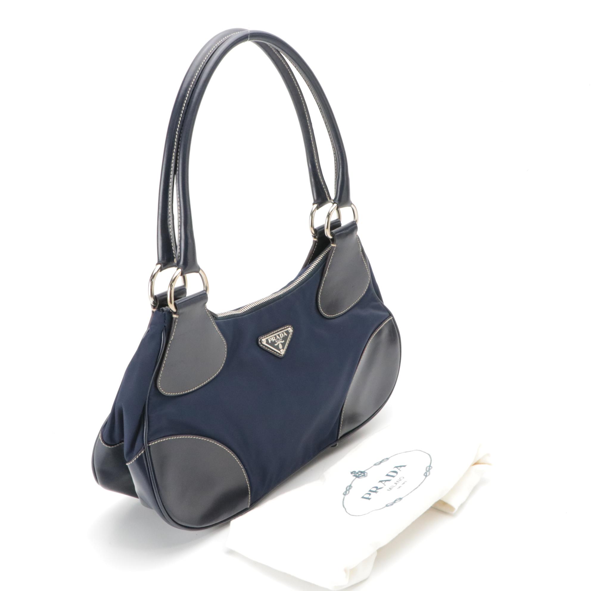 Prada Top Handle Bag in Navy Blue Nylon and Glazed Leather