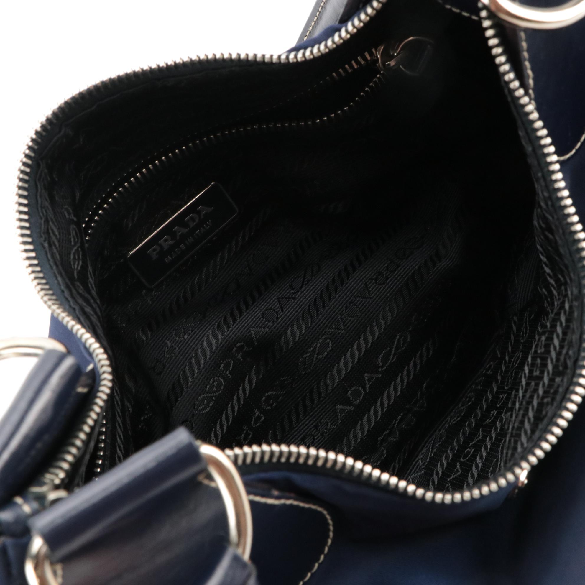 Prada Top Handle Bag in Navy Blue Nylon and Glazed Leather