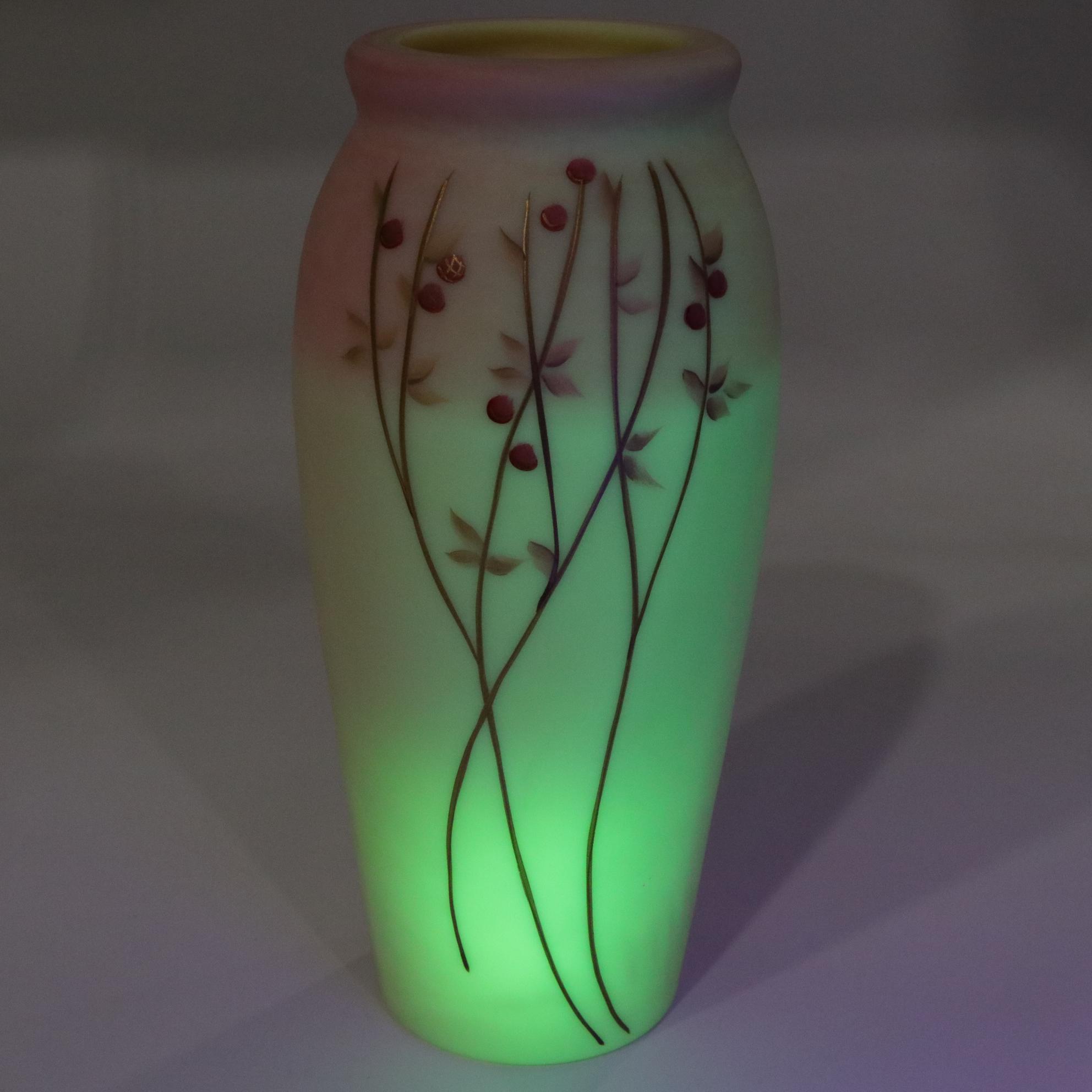 Fenton Burmese "Berries & Vine" Tall Hand Painted Vase Signed D Robinson