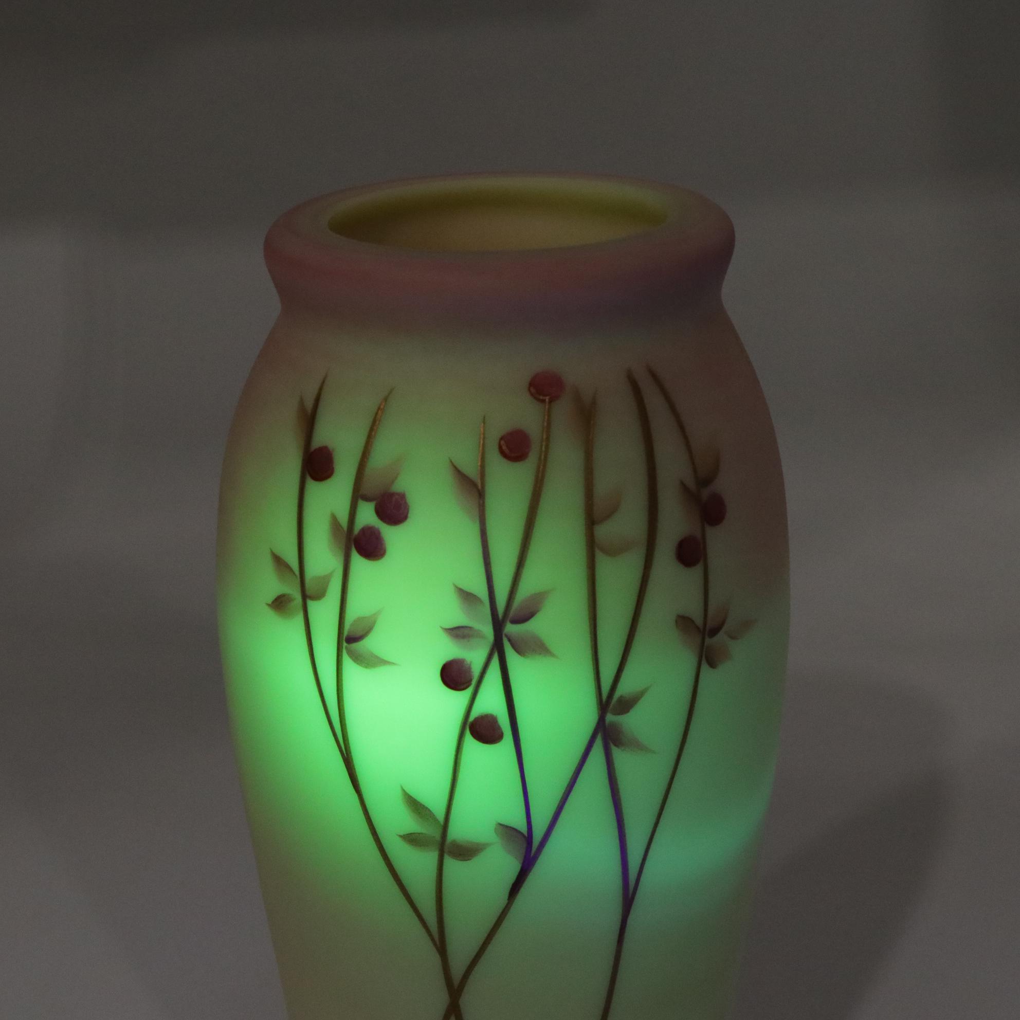 Fenton Burmese "Berries & Vine" Tall Hand Painted Vase Signed D Robinson