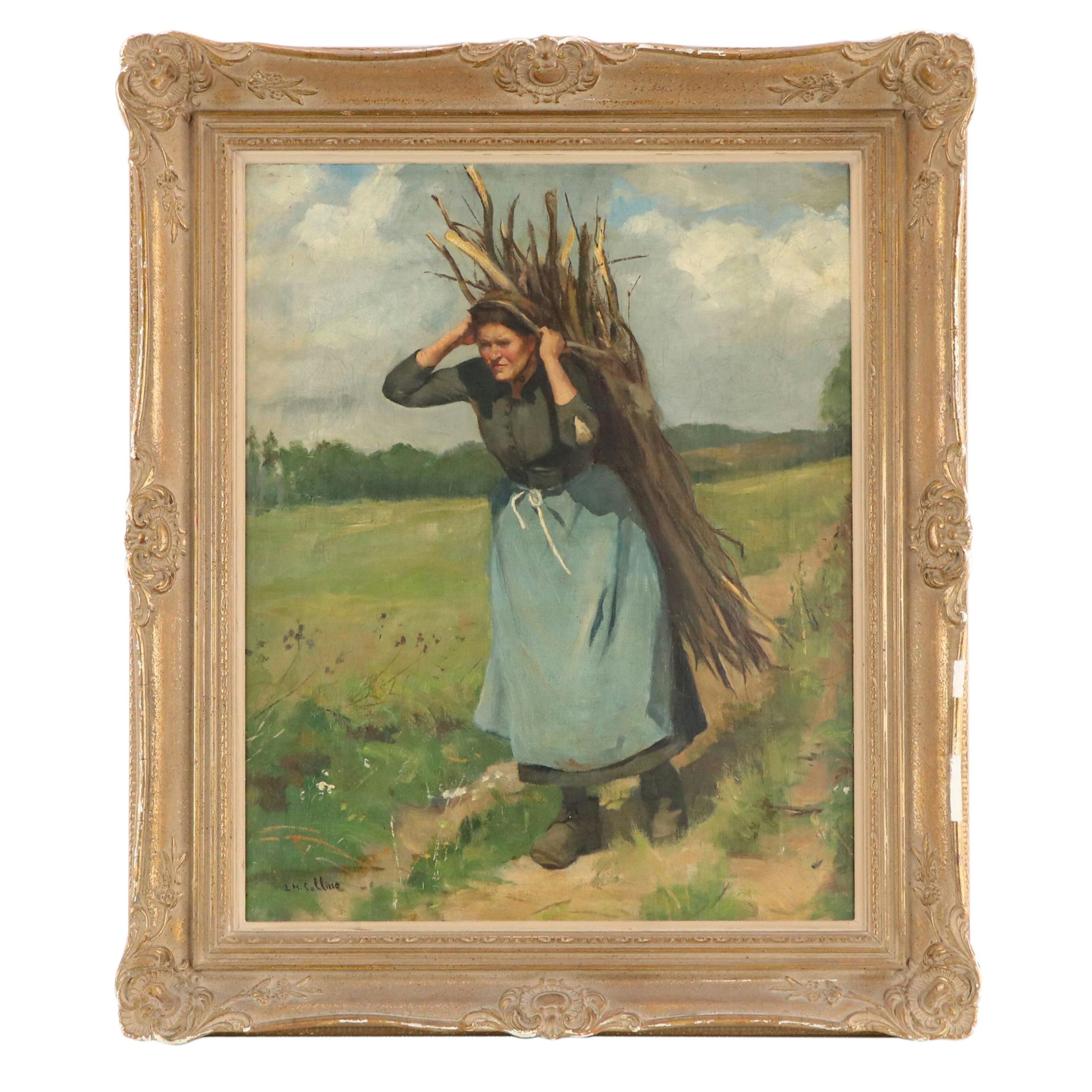 J. H. Colline Barbizon School Oil Painting of Gleaner