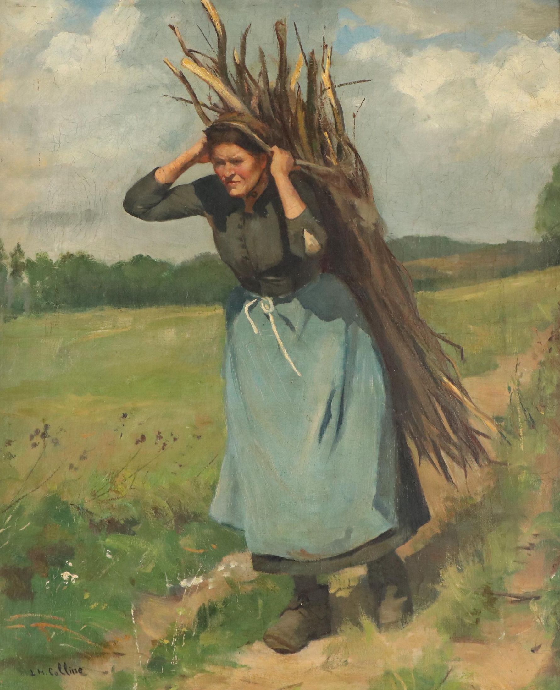 J. H. Colline Barbizon School Oil Painting of Gleaner