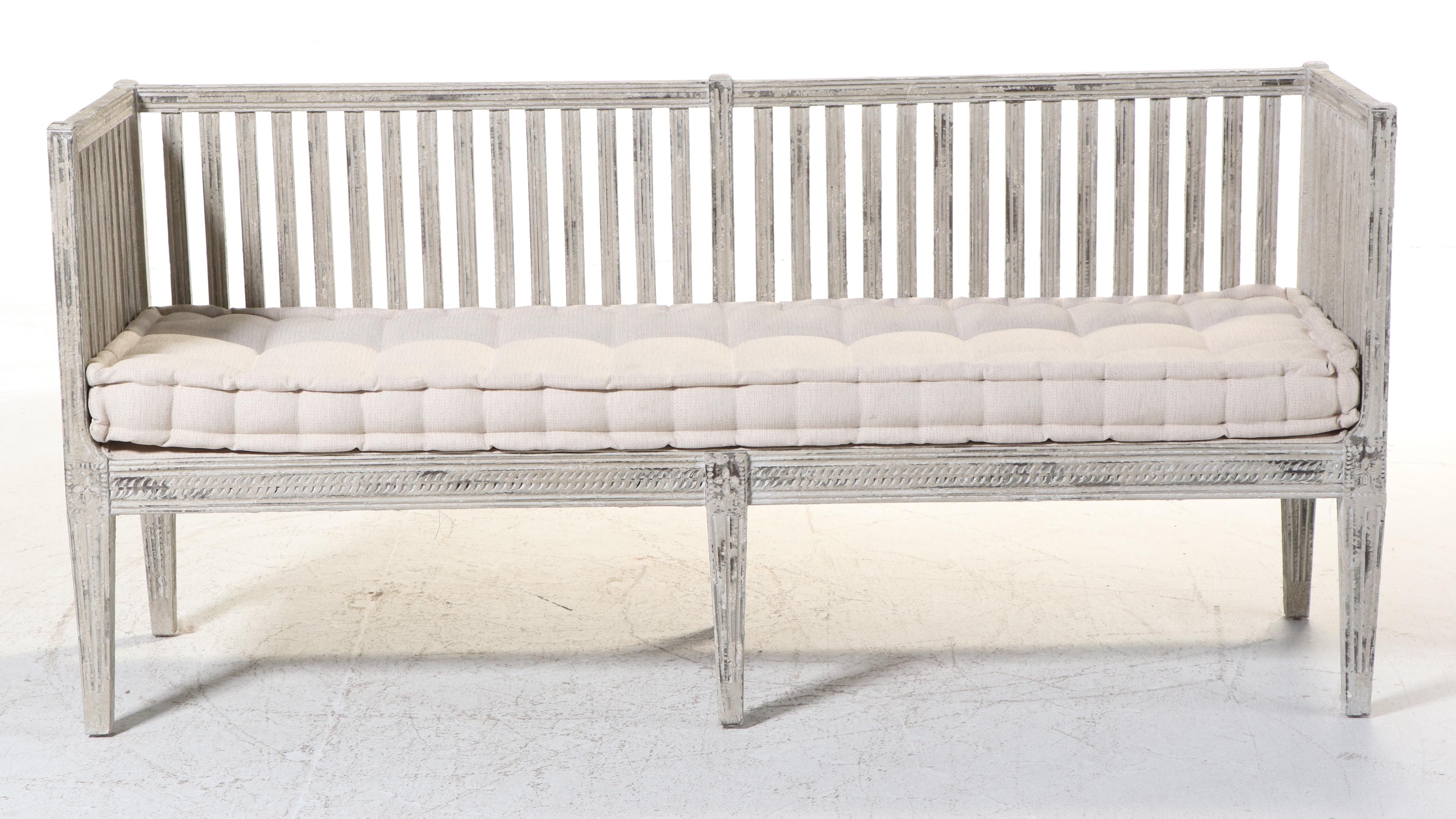 Arhaus Furniture "Johannson" Gustavian Style Cream and Grey-Painted Bench