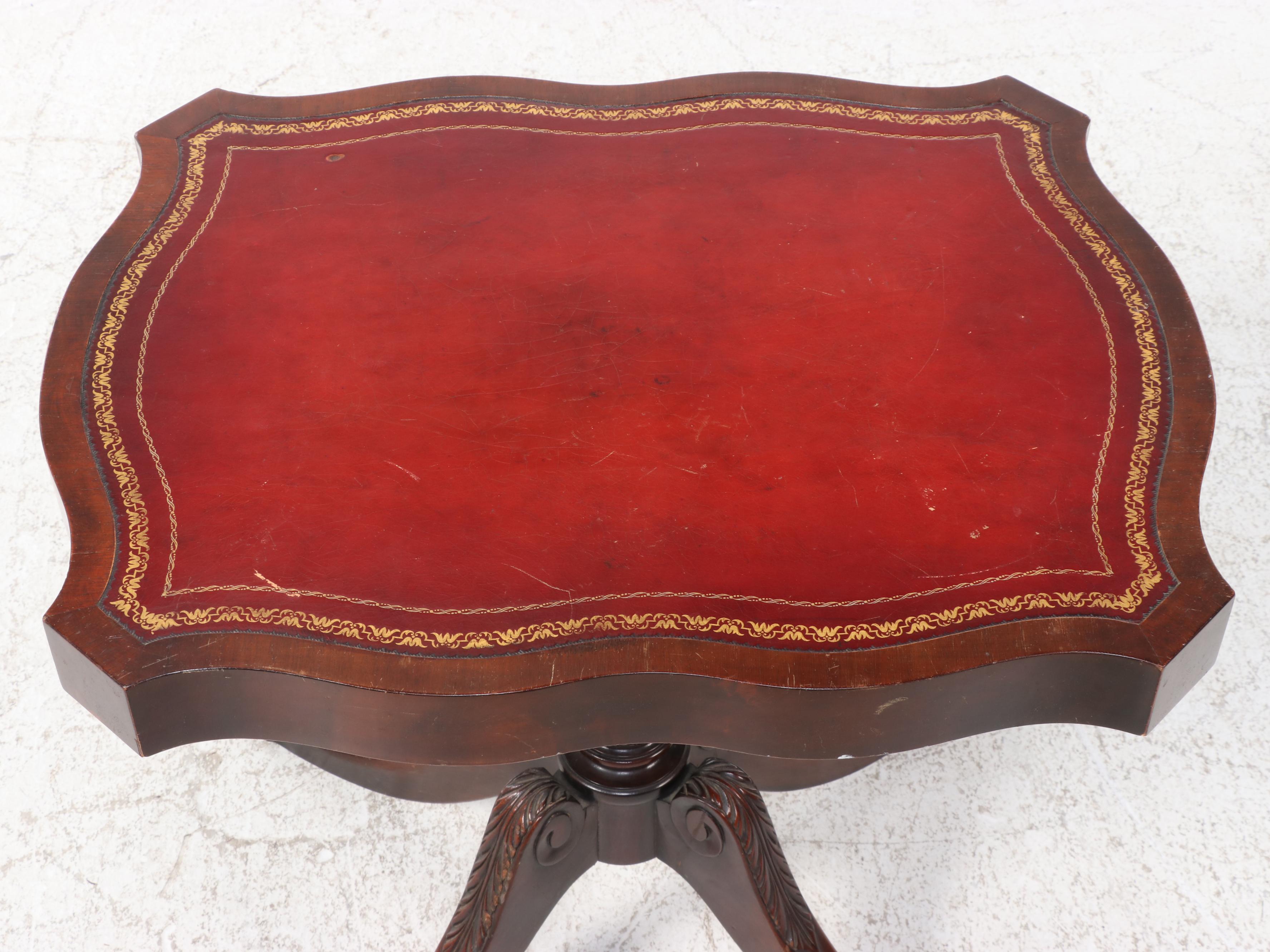 Duncan Phyfe Style Mahogany Finish Leather Top Side Table, Mid-20th Century