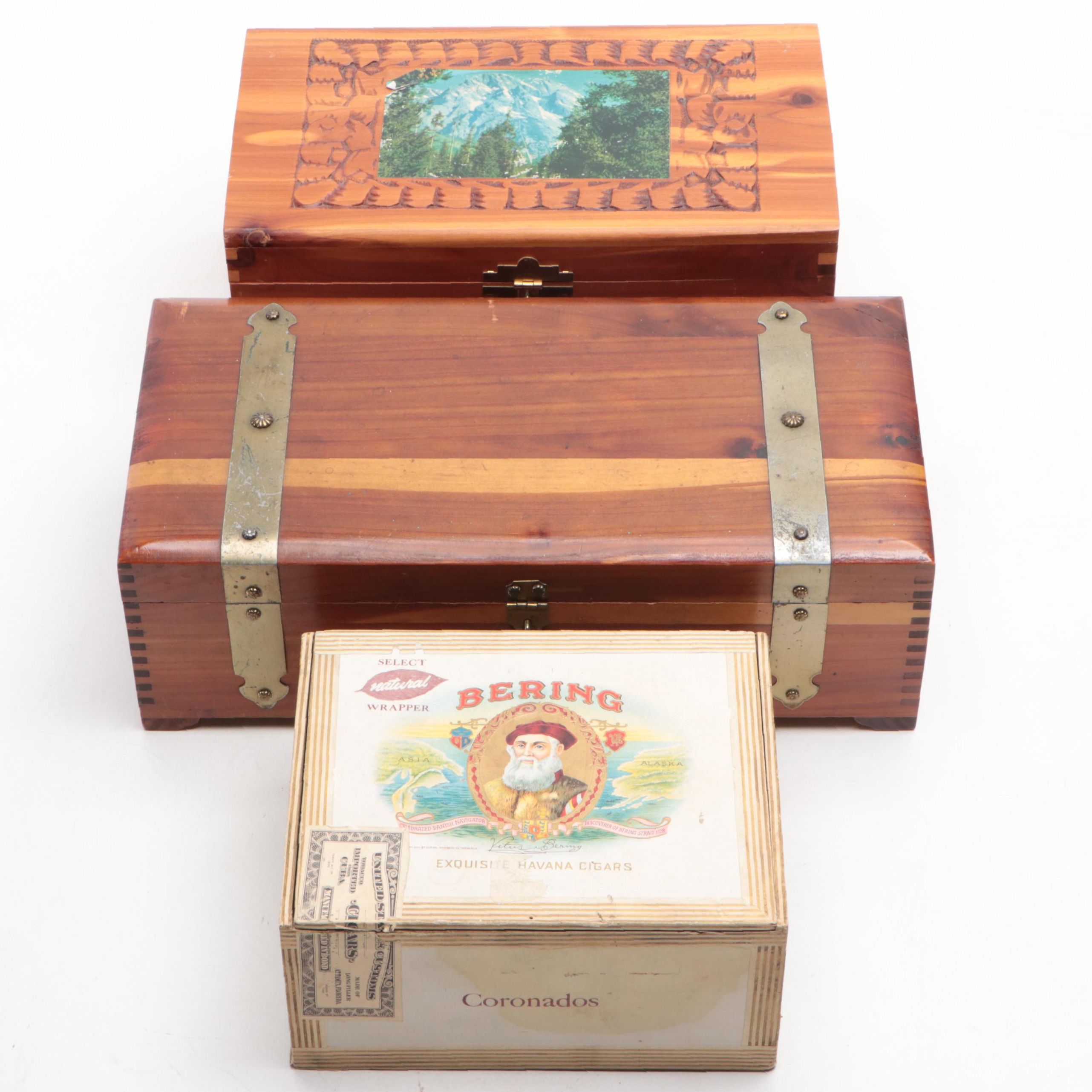 Wooden Lock Boxes with Bering Cigar Box, Mid-20th Century