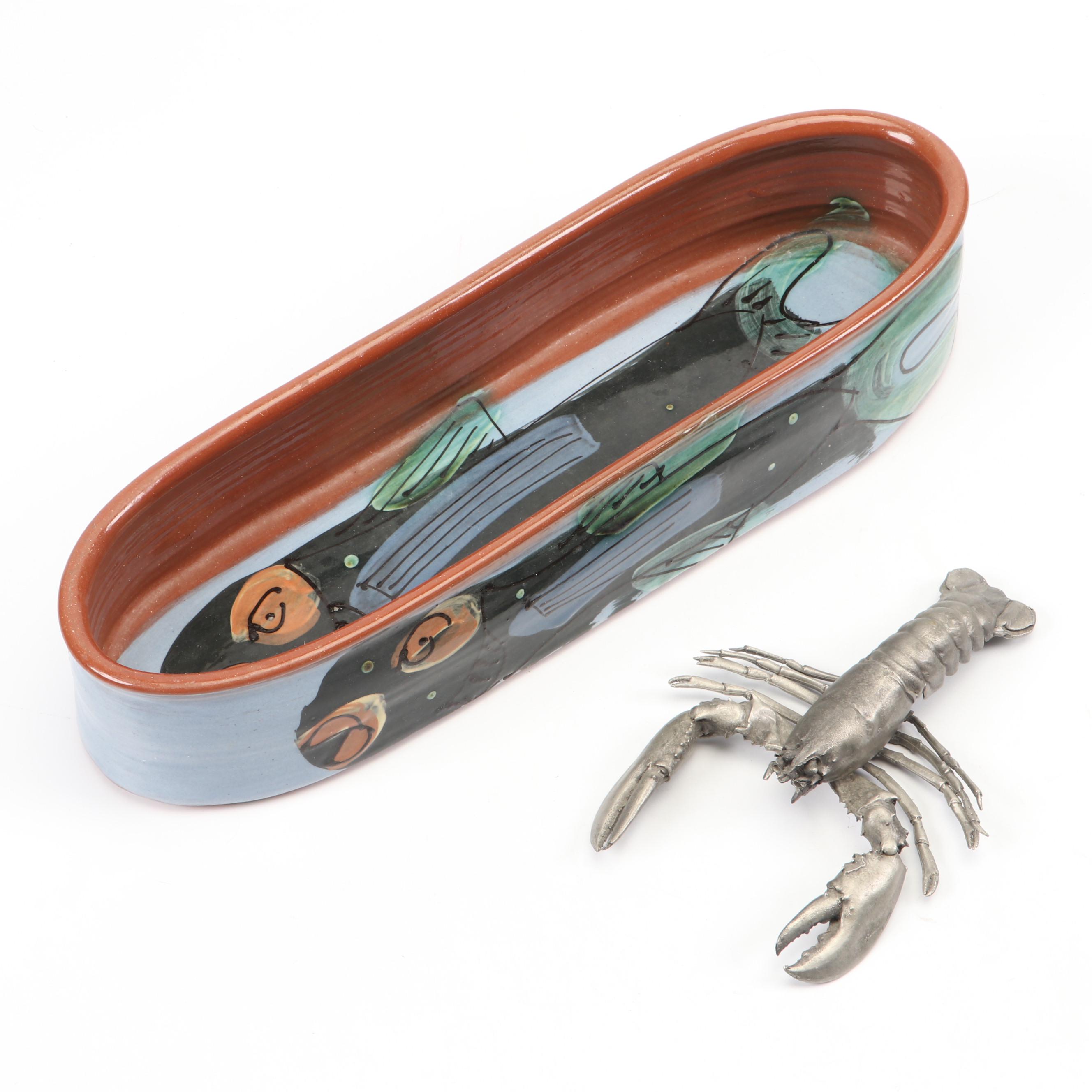 Kate Brown "Fish" Terracotta Oval Centerpiece Bowl with Pewter Lobster Figurine