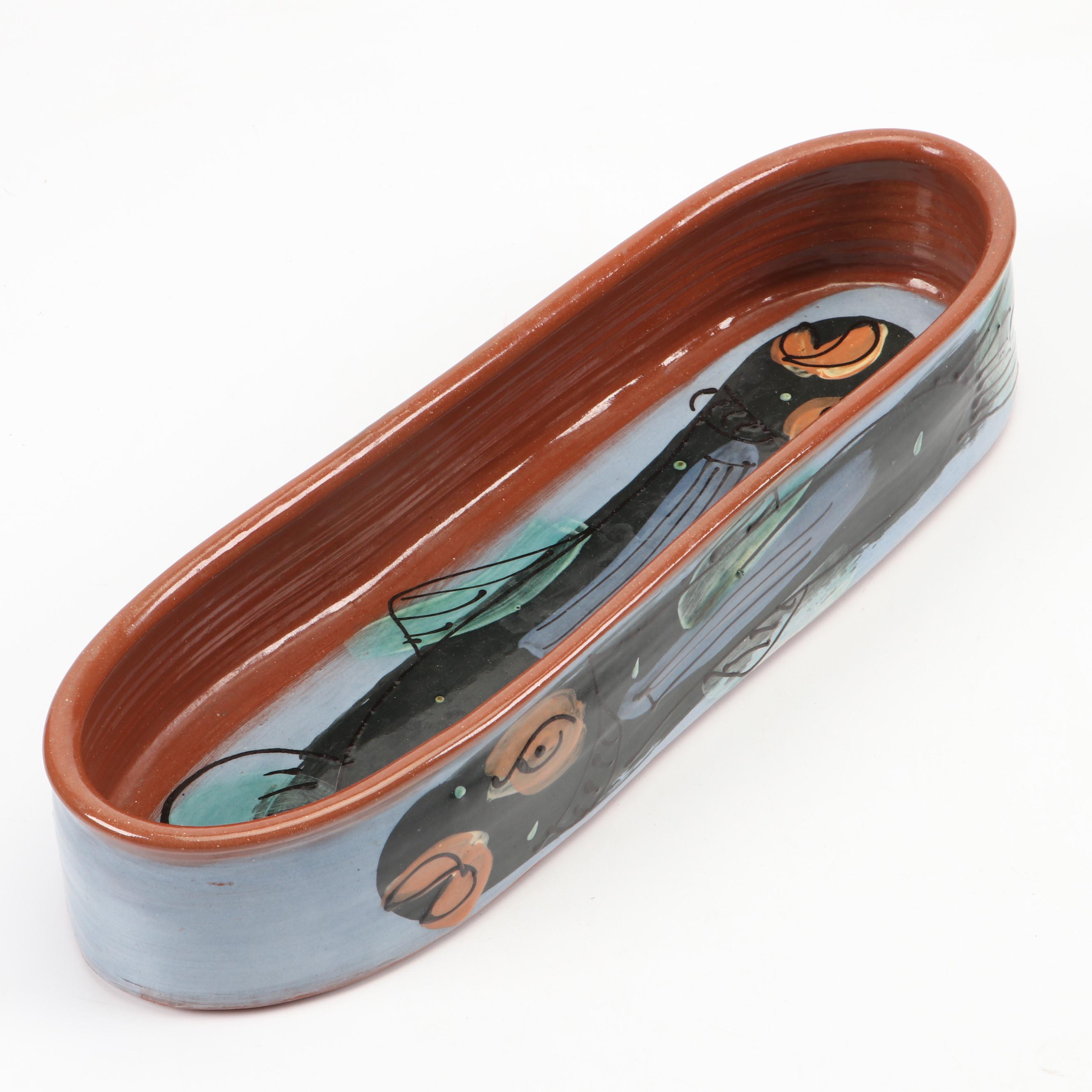 Kate Brown "Fish" Terracotta Oval Centerpiece Bowl with Pewter Lobster Figurine