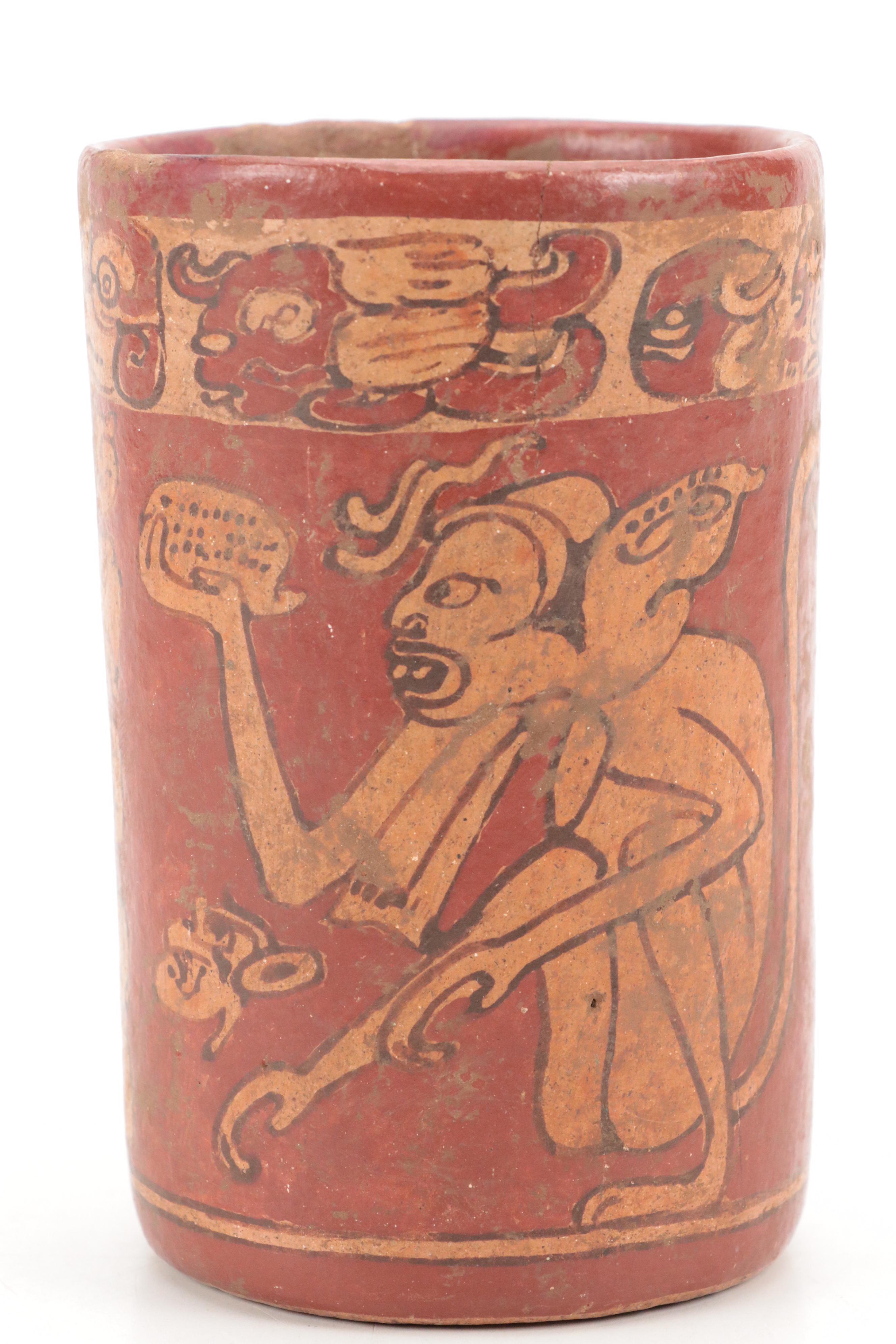 Pre-Columbian Mayan Style Polychrome Stoneware Vessel, 20th Century