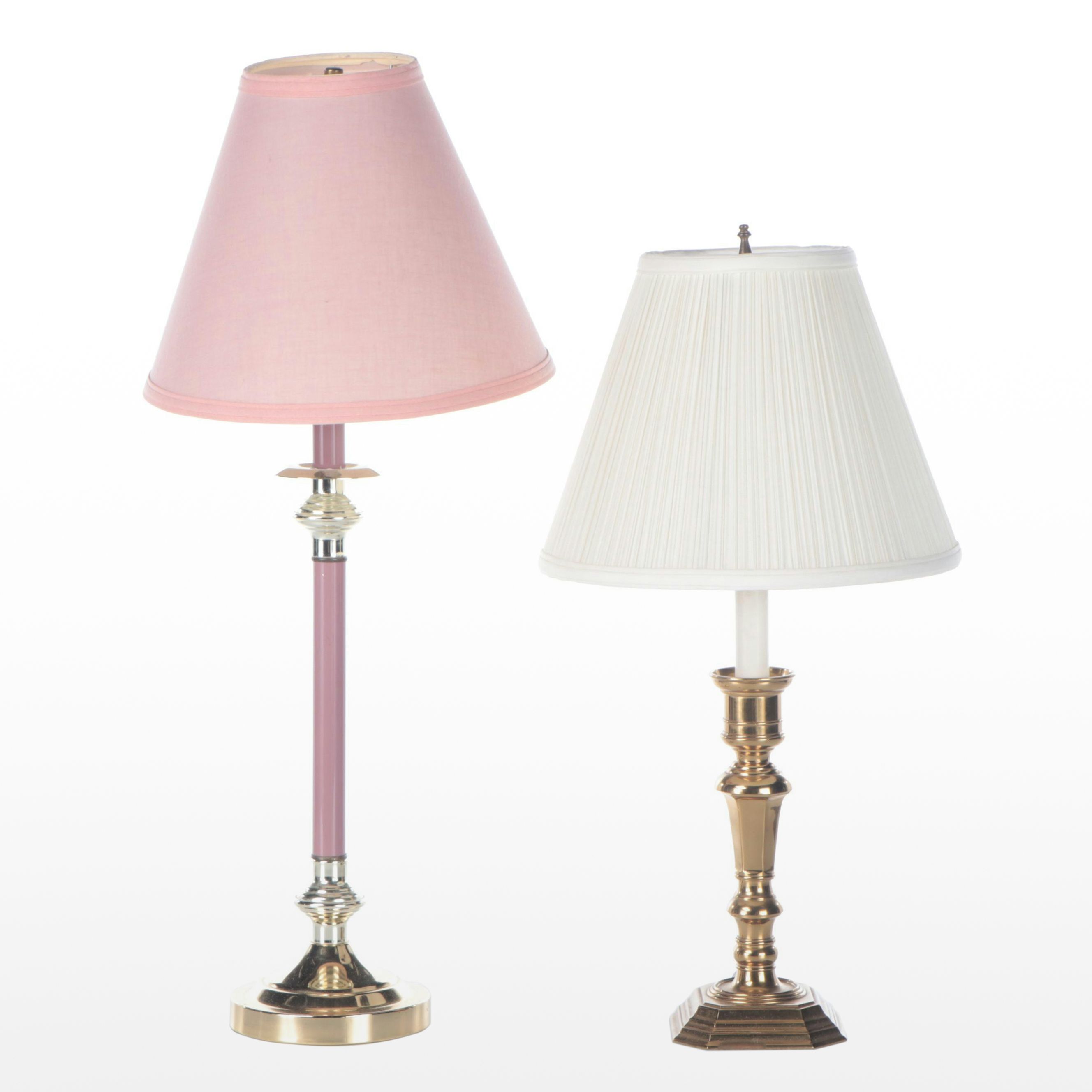 Lacquered Brass and Mauve Enameled Candlestick Table Lamps, Late 20th C.