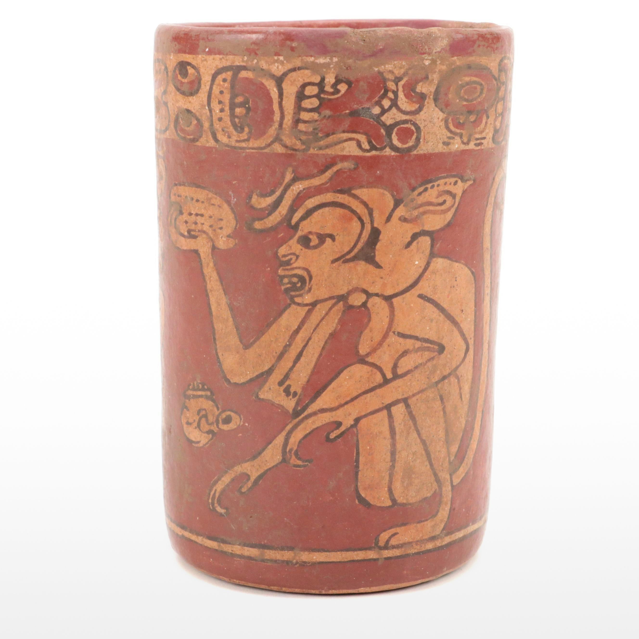 Pre-Columbian Mayan Style Polychrome Stoneware Vessel, 20th Century