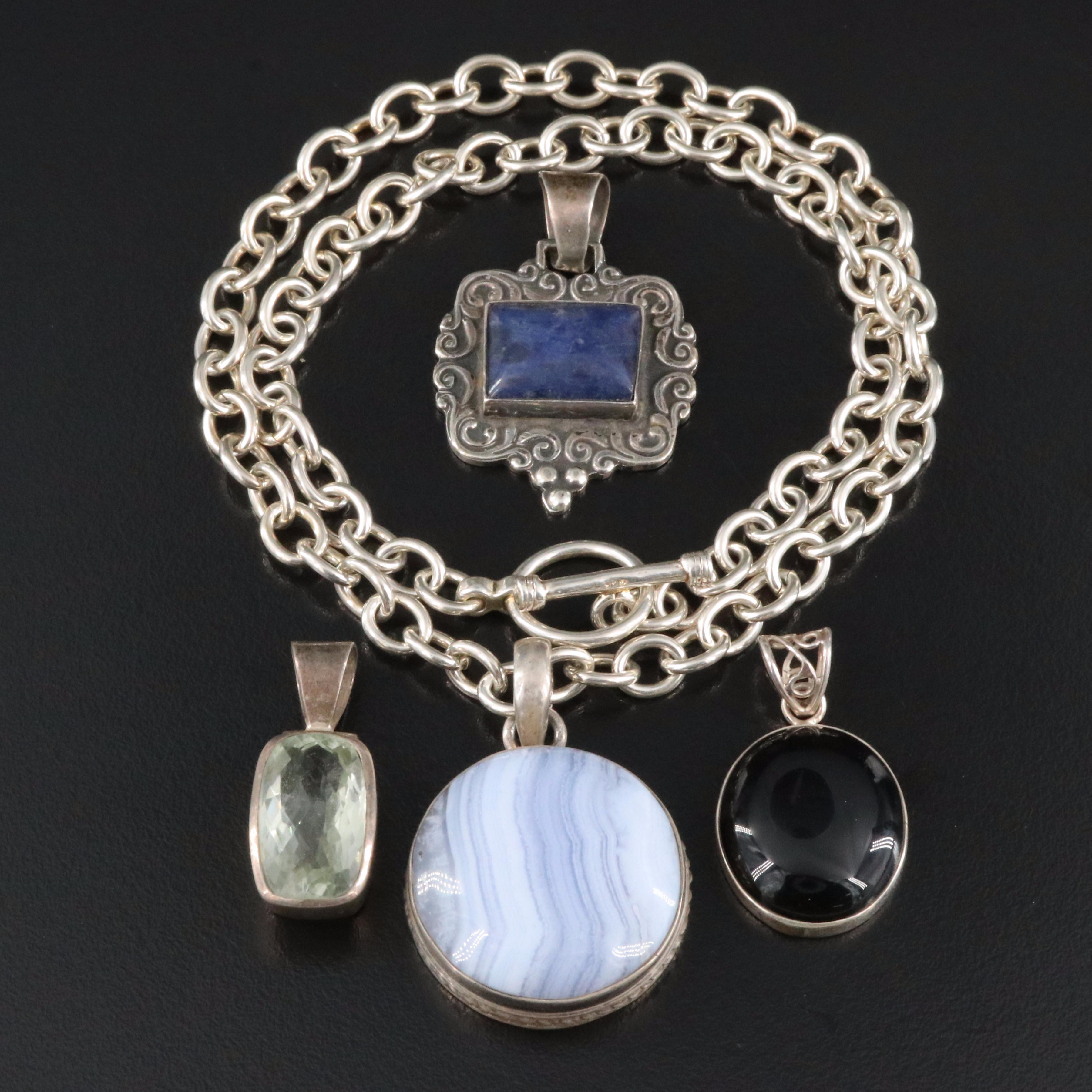 Sterling Gemstone Pendant and Necklace Collection Including Agate, Black Onyx