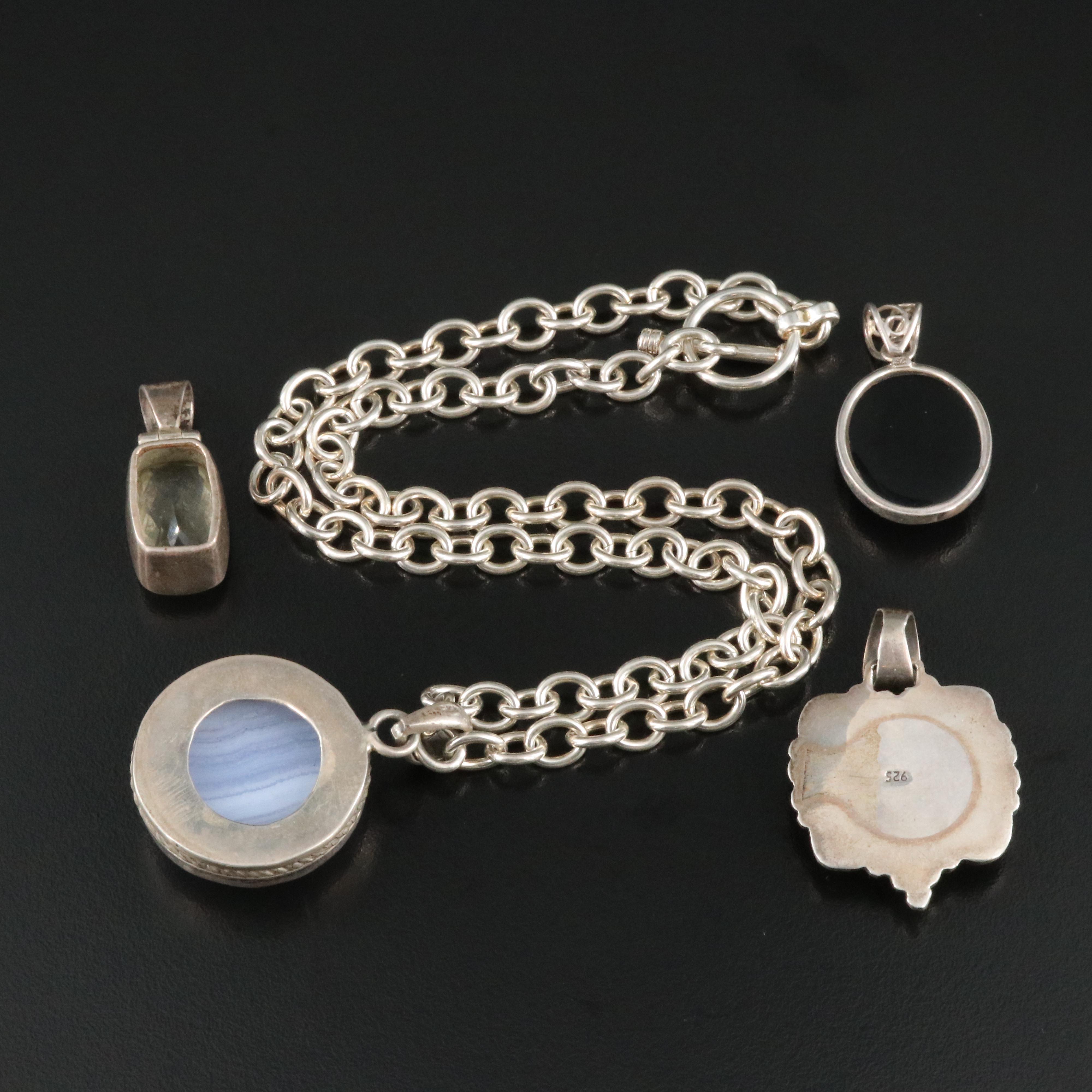 Sterling Gemstone Pendant and Necklace Collection Including Agate, Black Onyx
