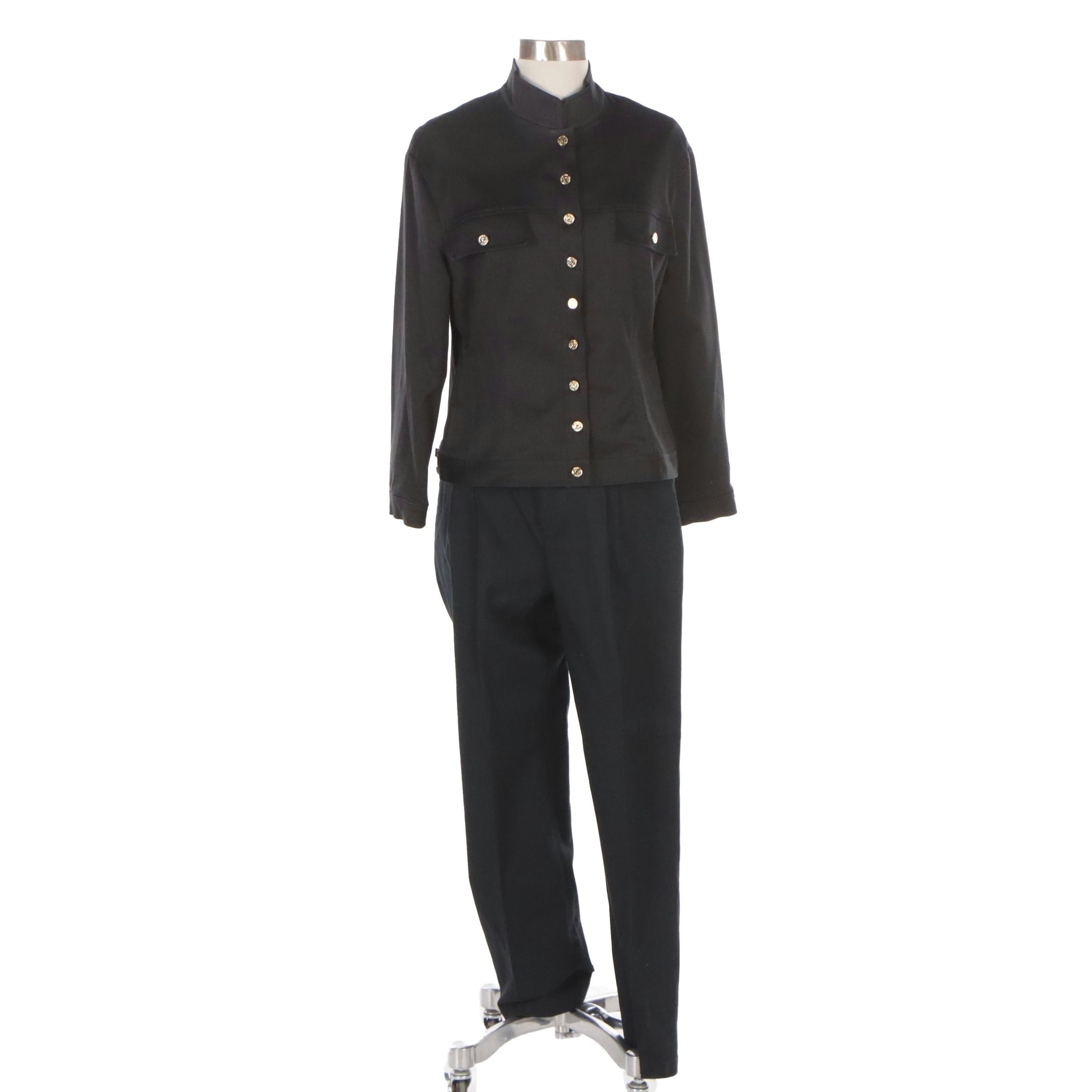 St. John Sport Black Jacket and Navy Blue Pleated Twill Pant