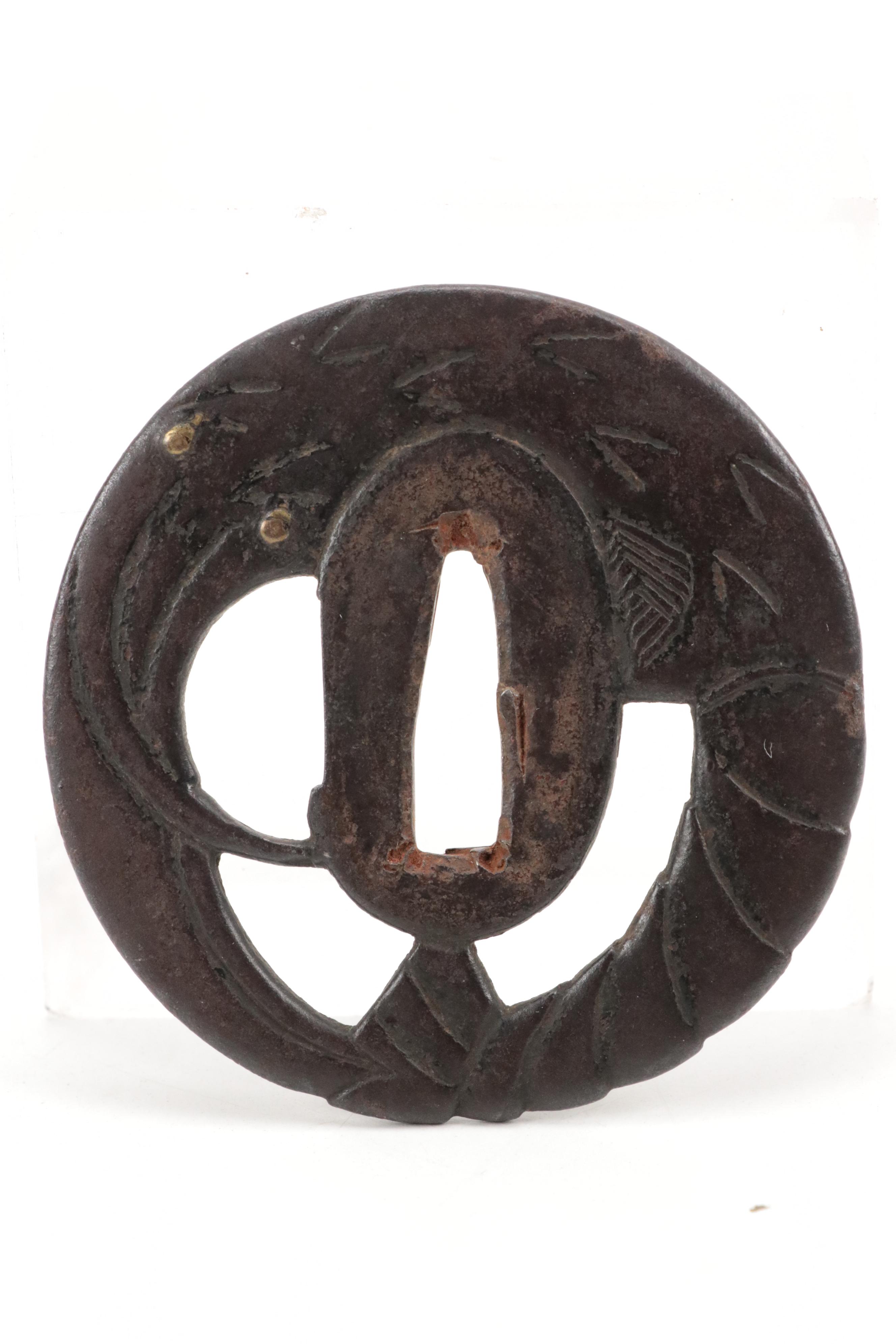 Japanese Iron and Brass Inlay Sword Tsuba in Case