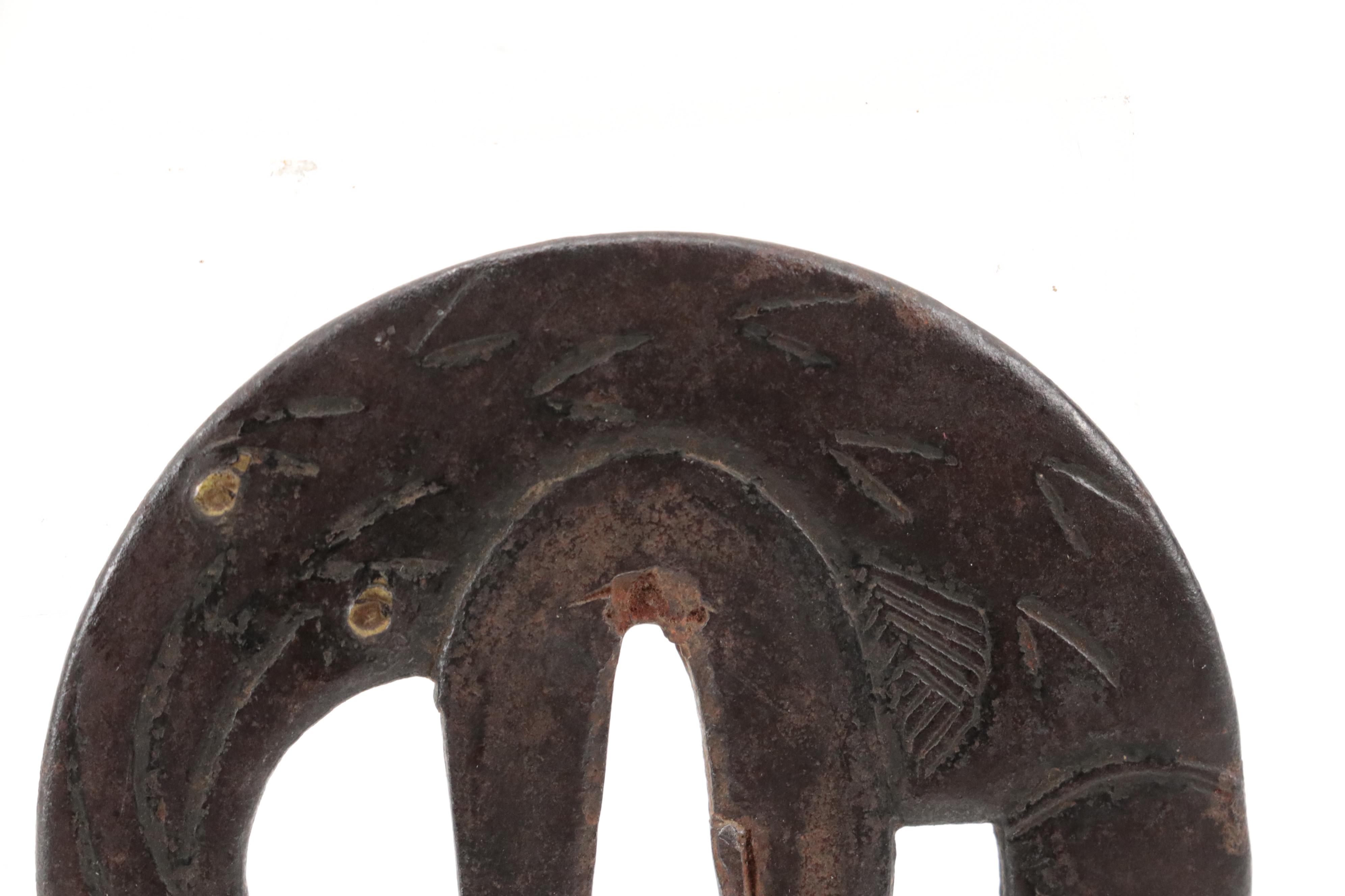 Japanese Iron and Brass Inlay Sword Tsuba in Case