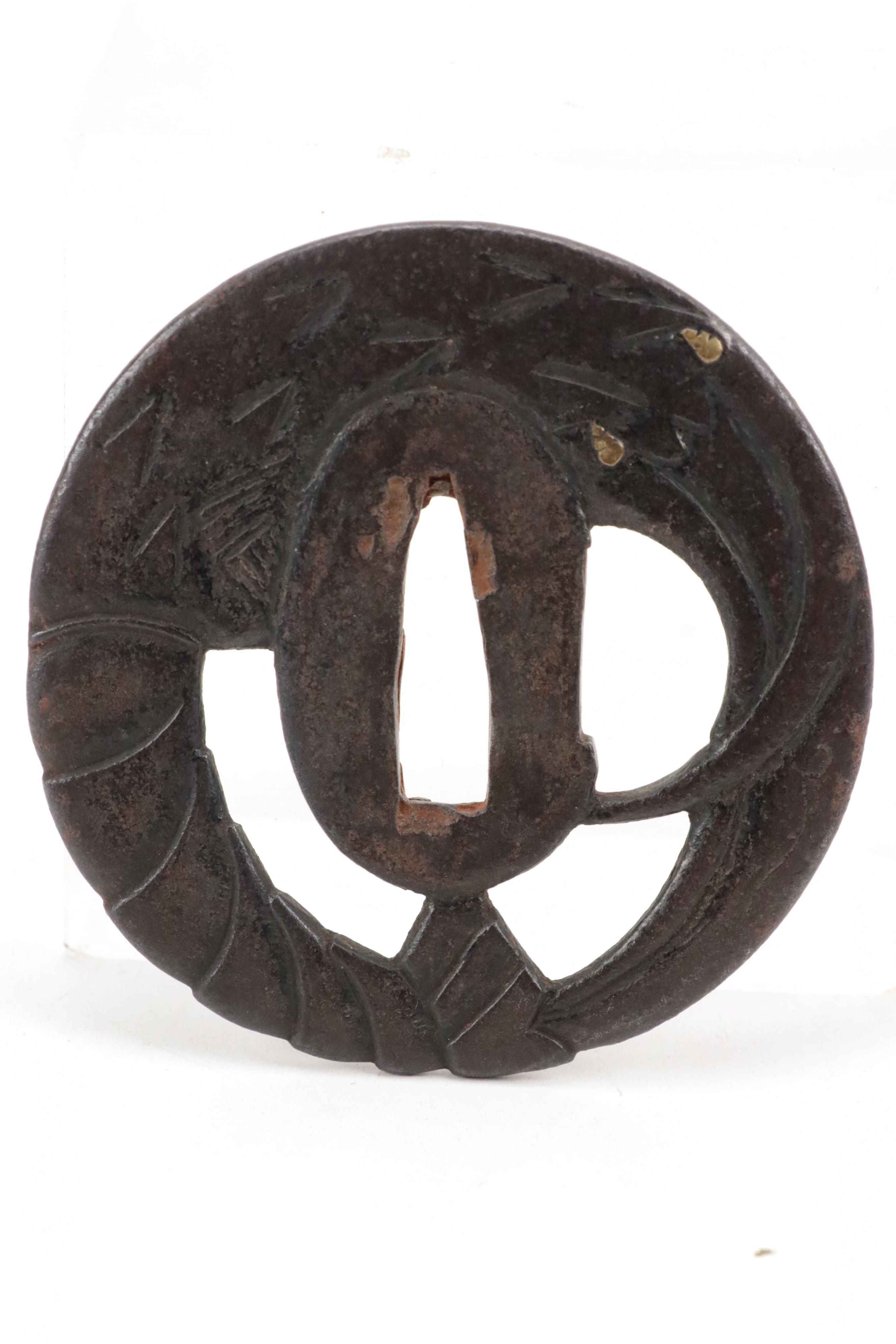 Japanese Iron and Brass Inlay Sword Tsuba in Case