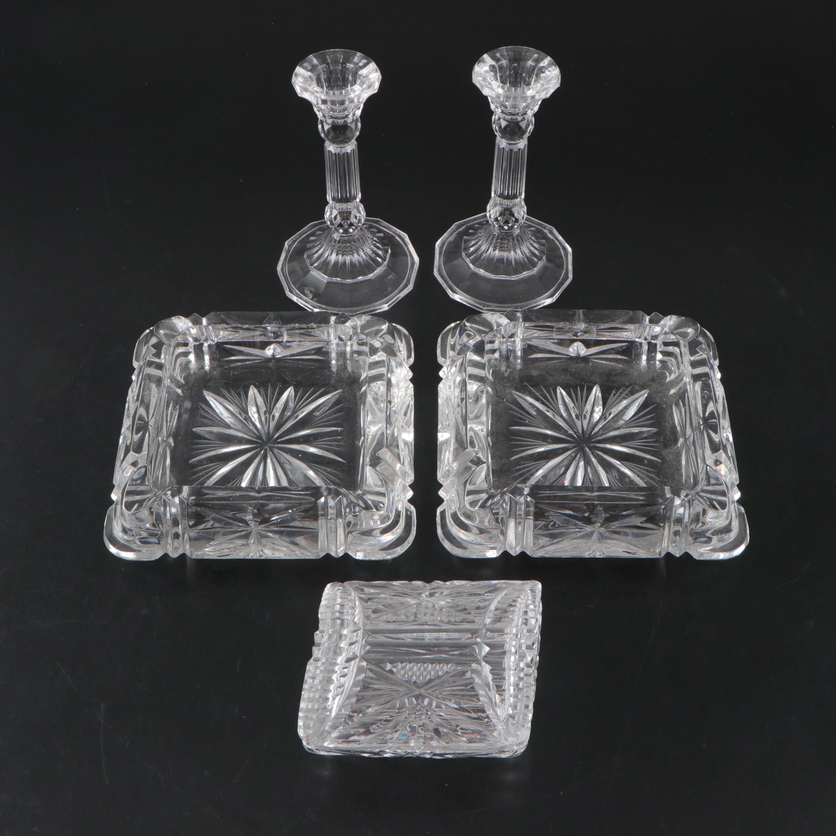 Crystal Ashtrays with Glass Candlesticks and Box
