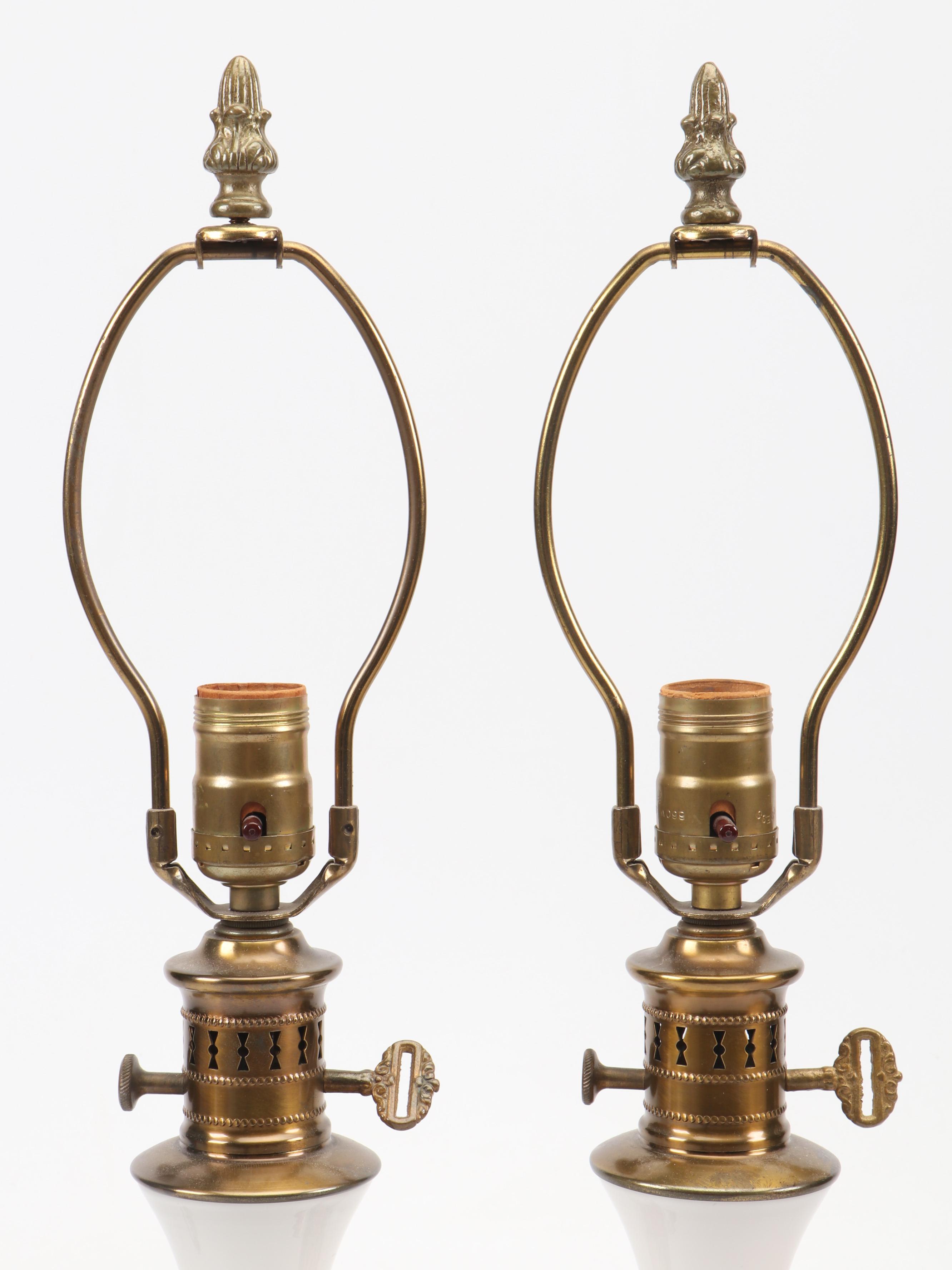 French Style Hand-Painted Milk Glass Vase Table Lamps, Mid to Late 20th C.