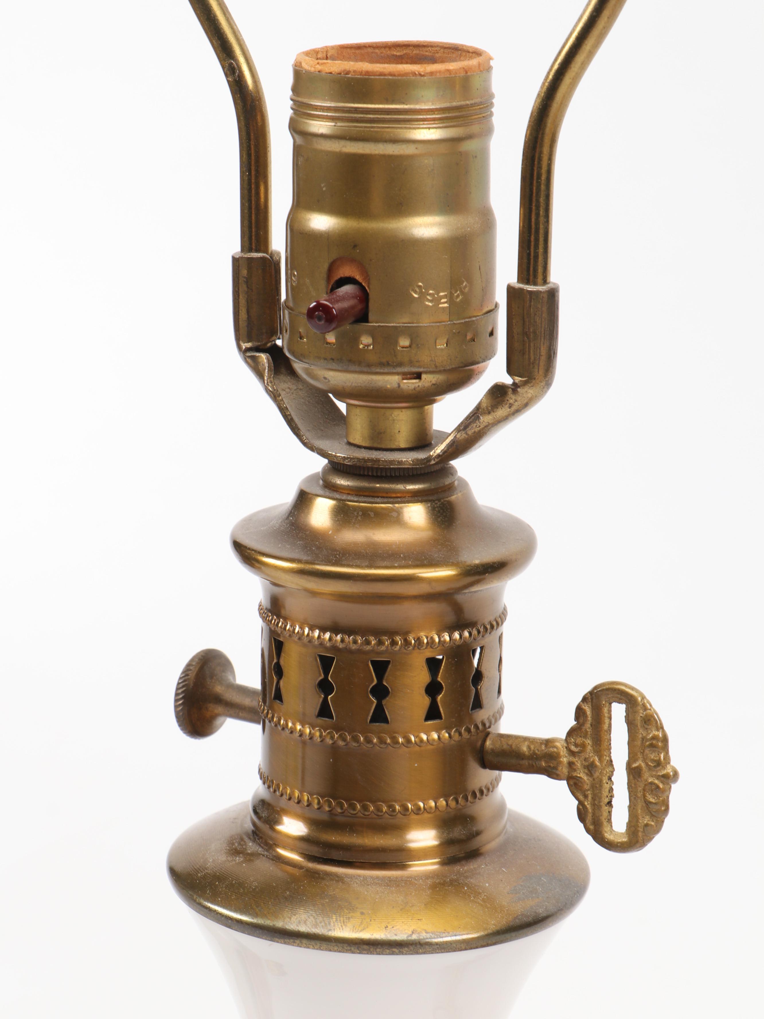 French Style Hand-Painted Milk Glass Vase Table Lamps, Mid to Late 20th C.