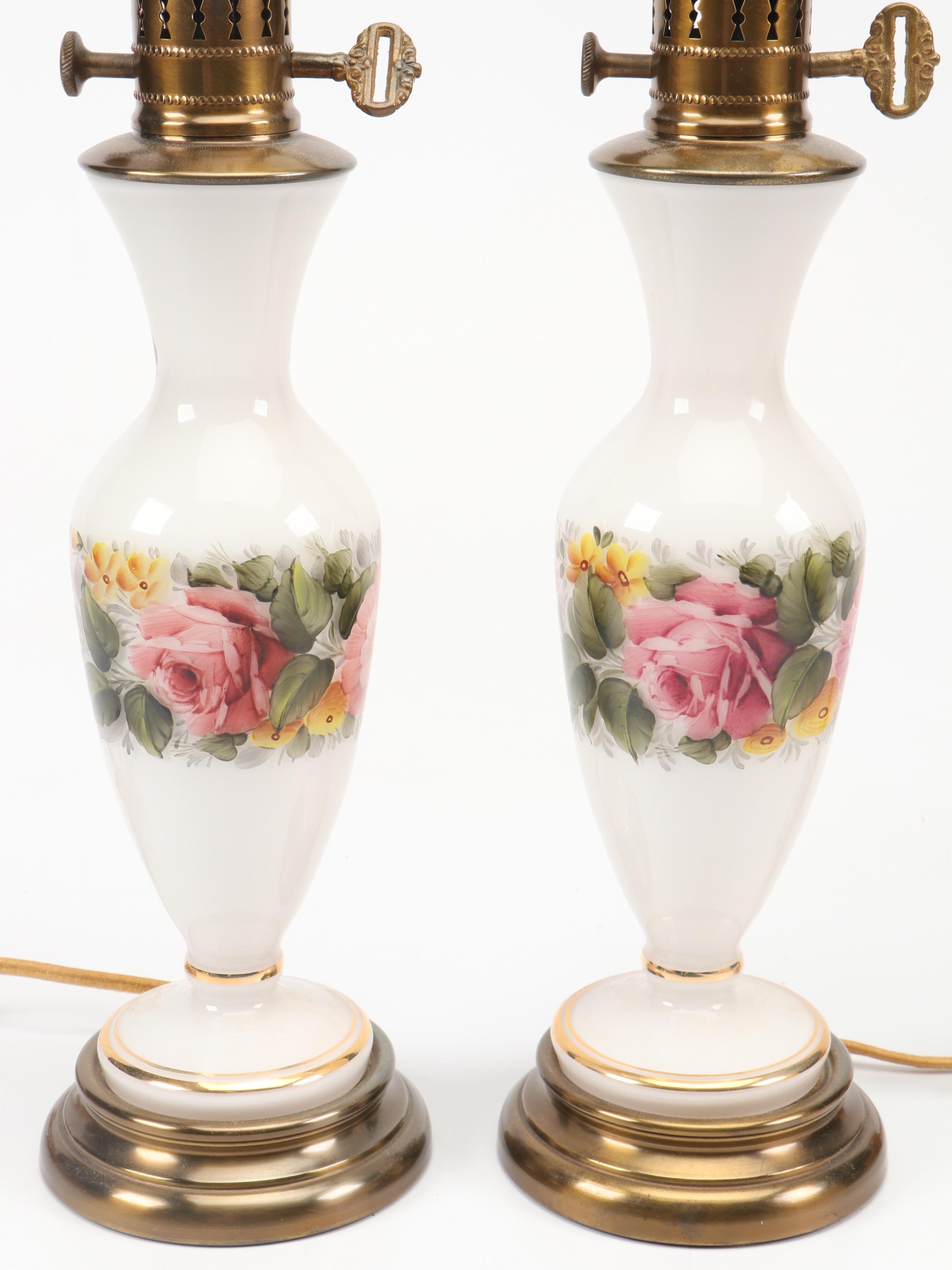 French Style Hand-Painted Milk Glass Vase Table Lamps, Mid to Late 20th C.