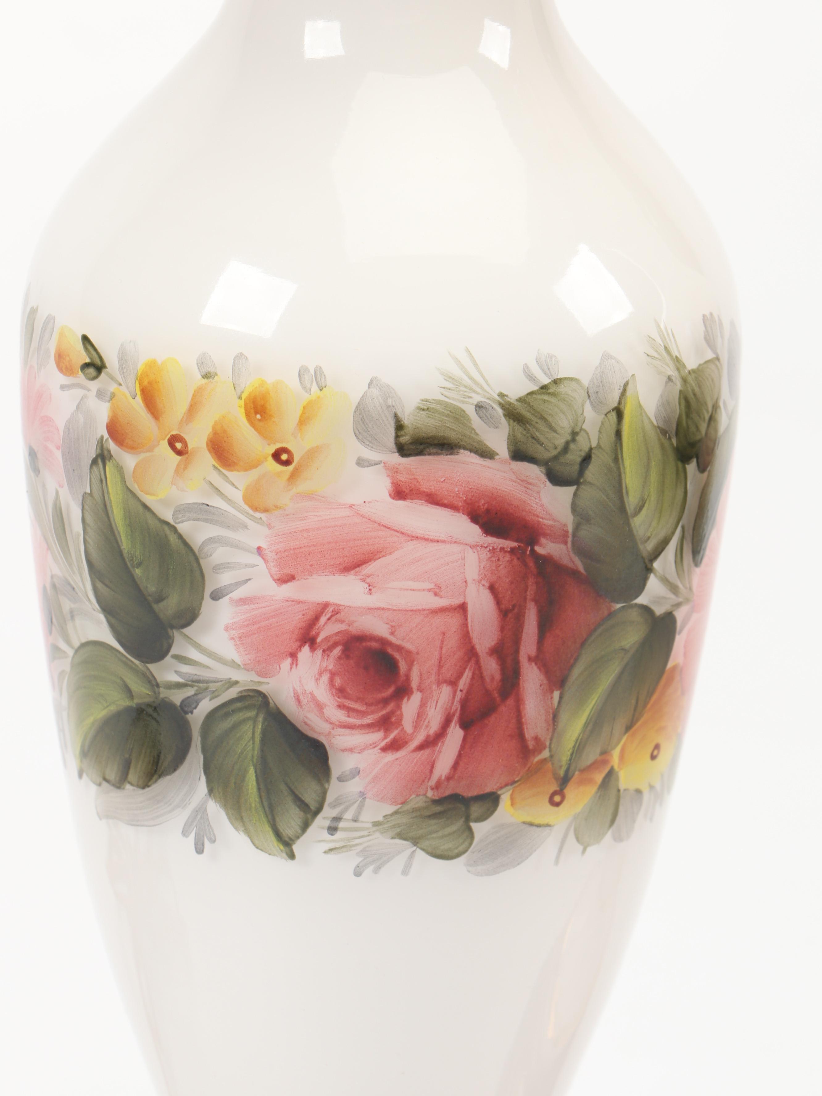 French Style Hand-Painted Milk Glass Vase Table Lamps, Mid to Late 20th C.