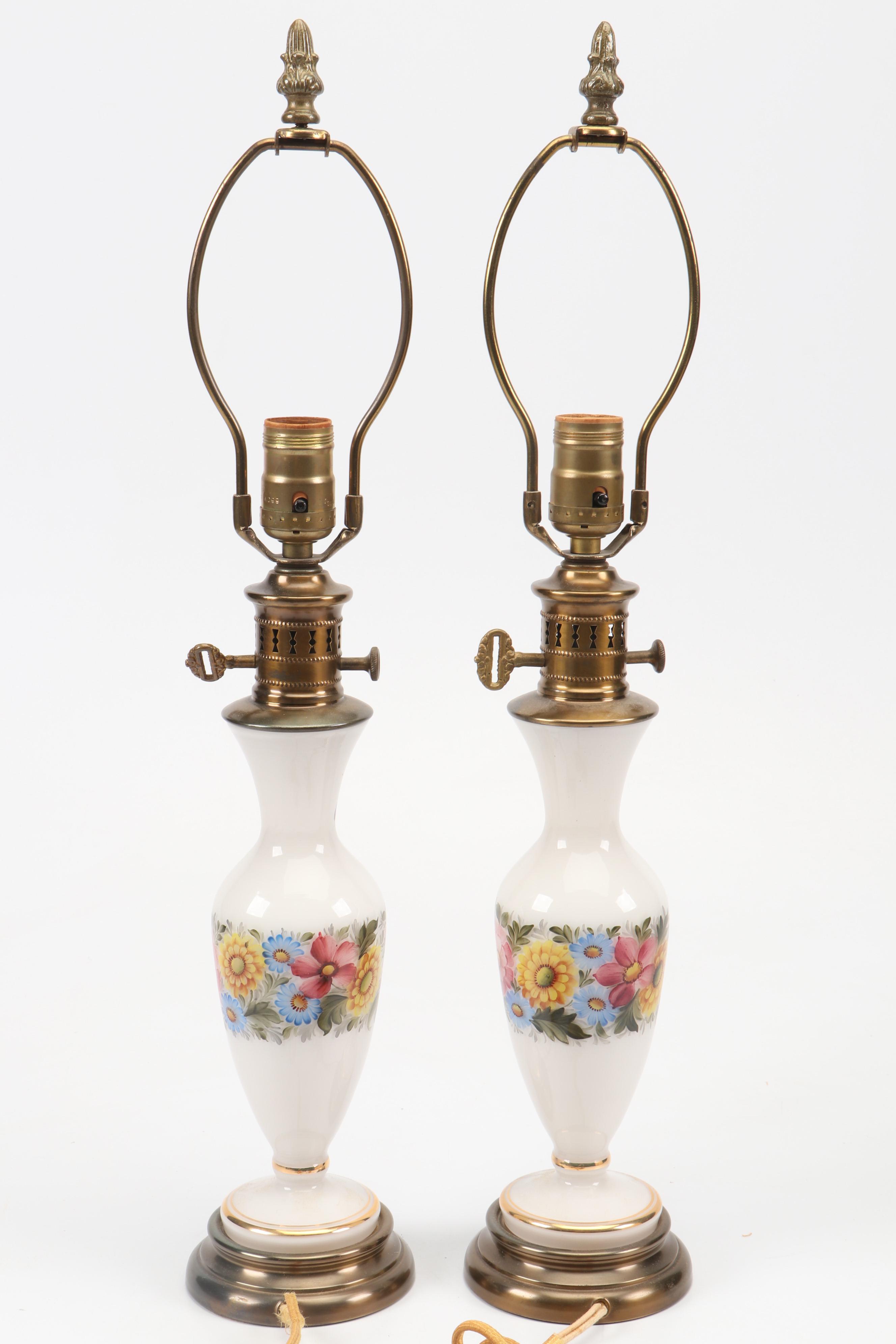 French Style Hand-Painted Milk Glass Vase Table Lamps, Mid to Late 20th C.