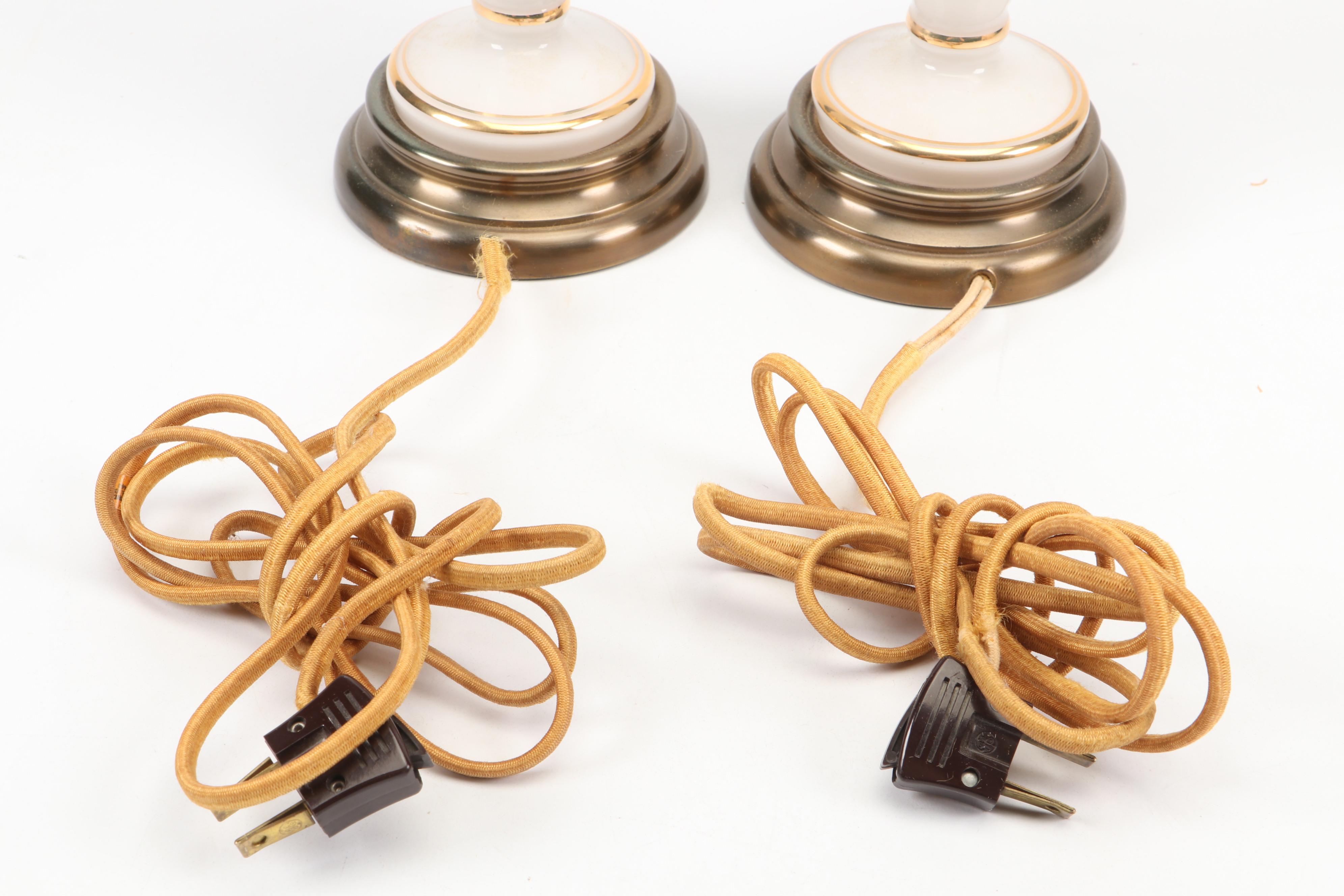 French Style Hand-Painted Milk Glass Vase Table Lamps, Mid to Late 20th C.