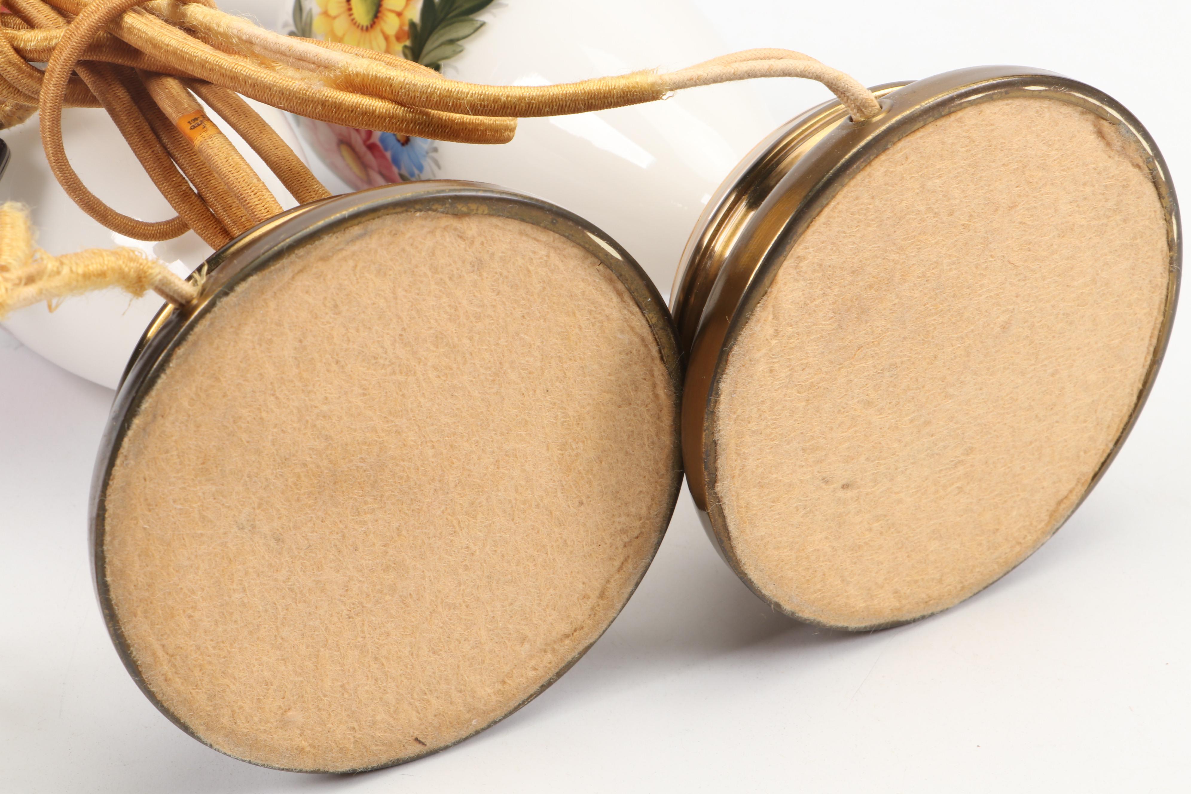 French Style Hand-Painted Milk Glass Vase Table Lamps, Mid to Late 20th C.