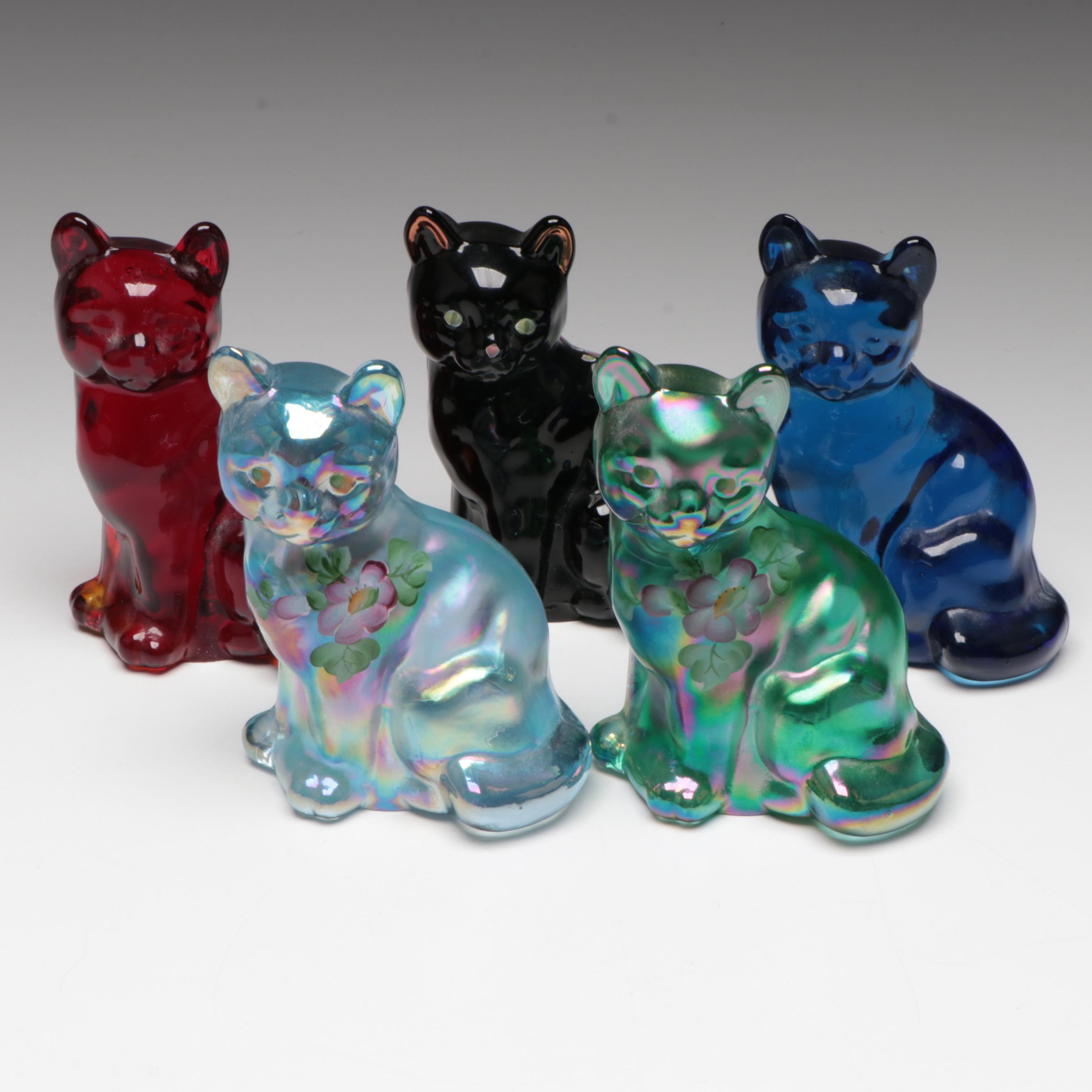 Hand-Painted Glass Fenton Seated Cat Figurines, Mid to Late 20th C.