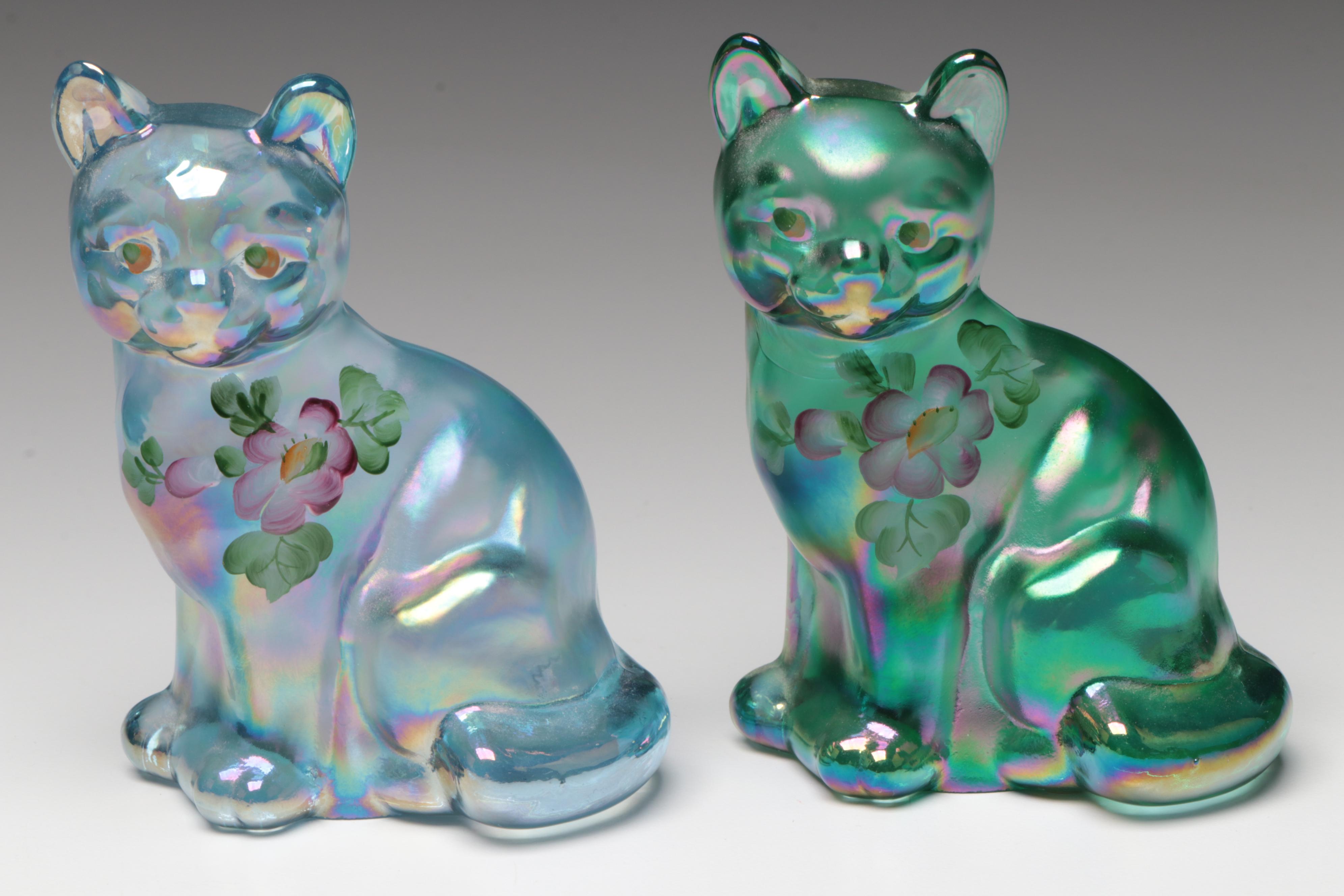 Hand-Painted Glass Fenton Seated Cat Figurines, Mid to Late 20th C.