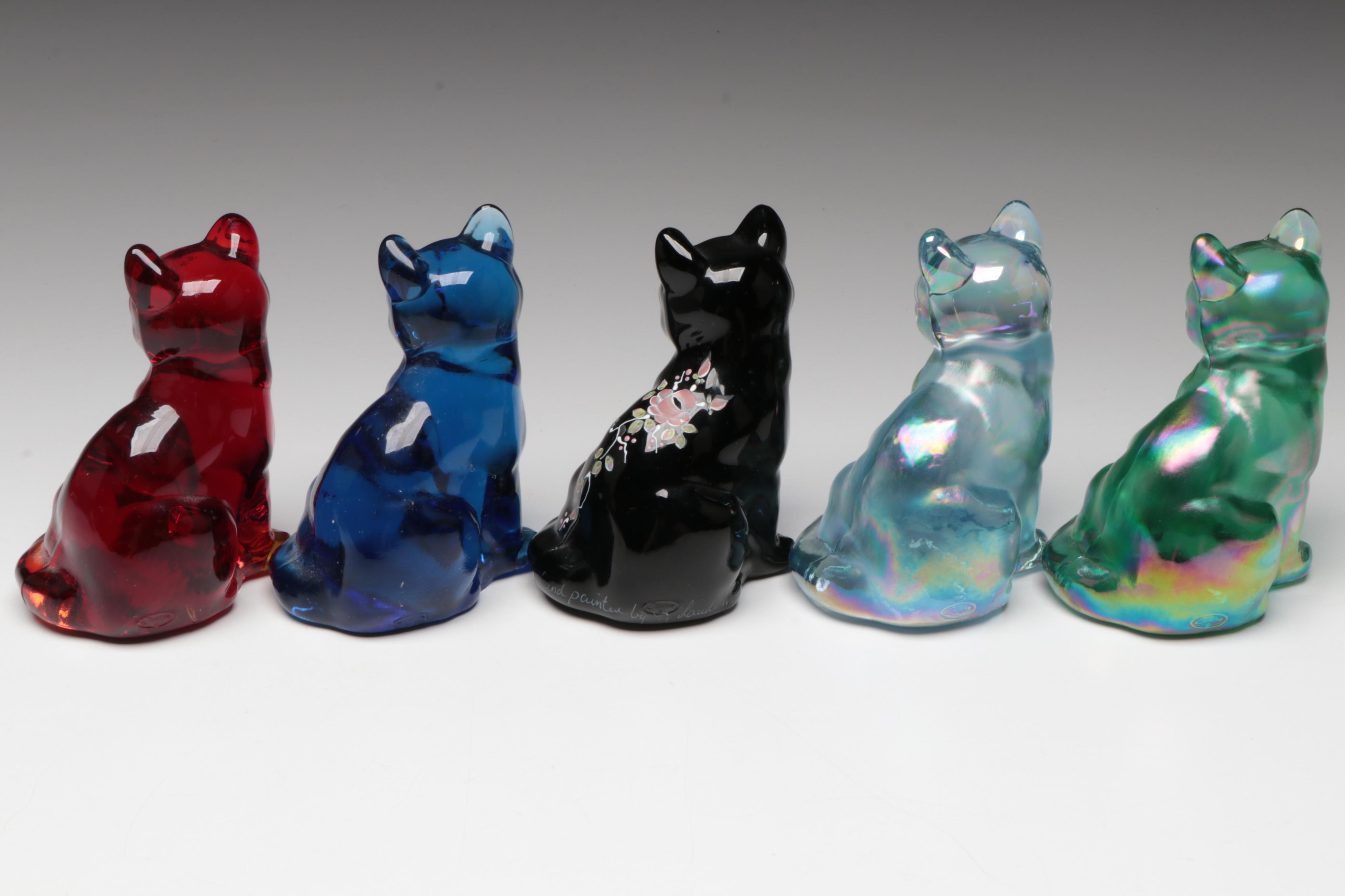 Hand-Painted Glass Fenton Seated Cat Figurines, Mid to Late 20th C.