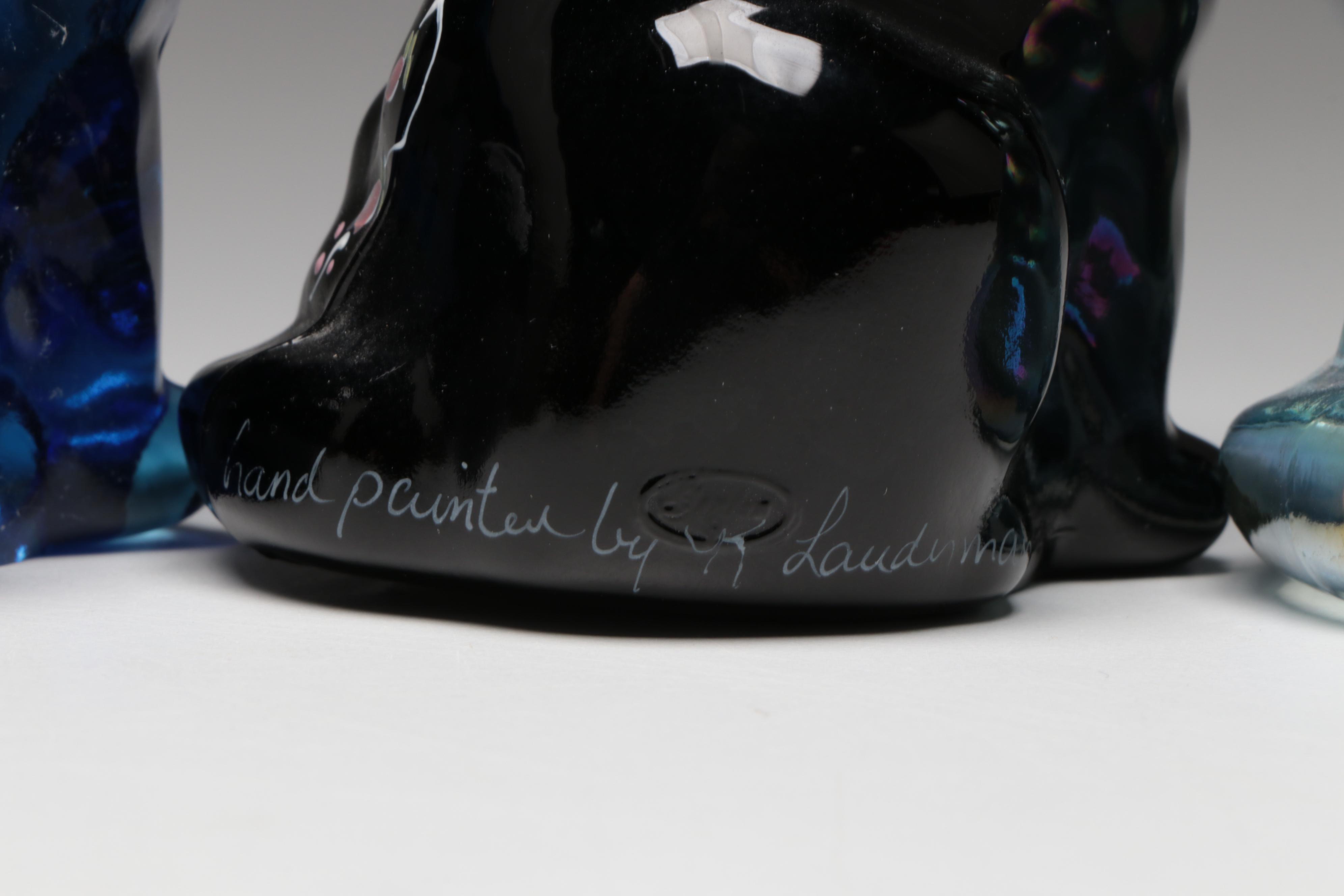 Hand-Painted Glass Fenton Seated Cat Figurines, Mid to Late 20th C.