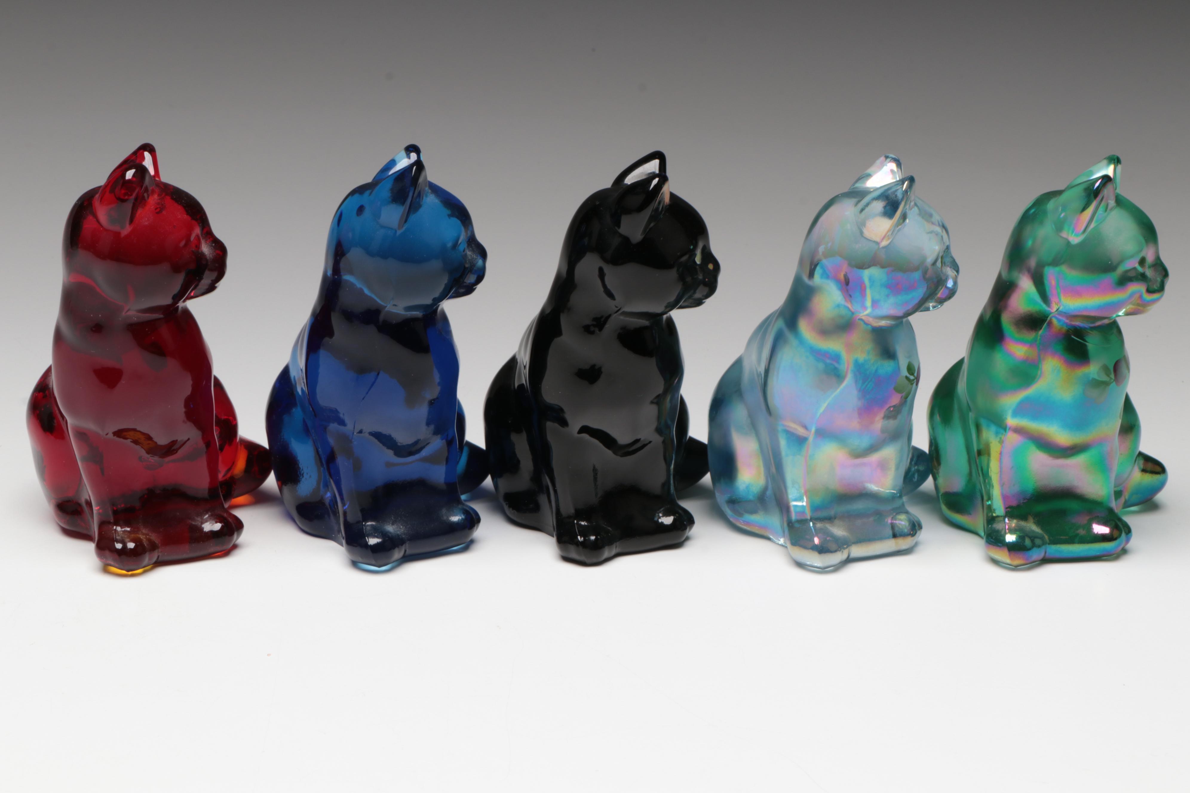 Hand-Painted Glass Fenton Seated Cat Figurines, Mid to Late 20th C.