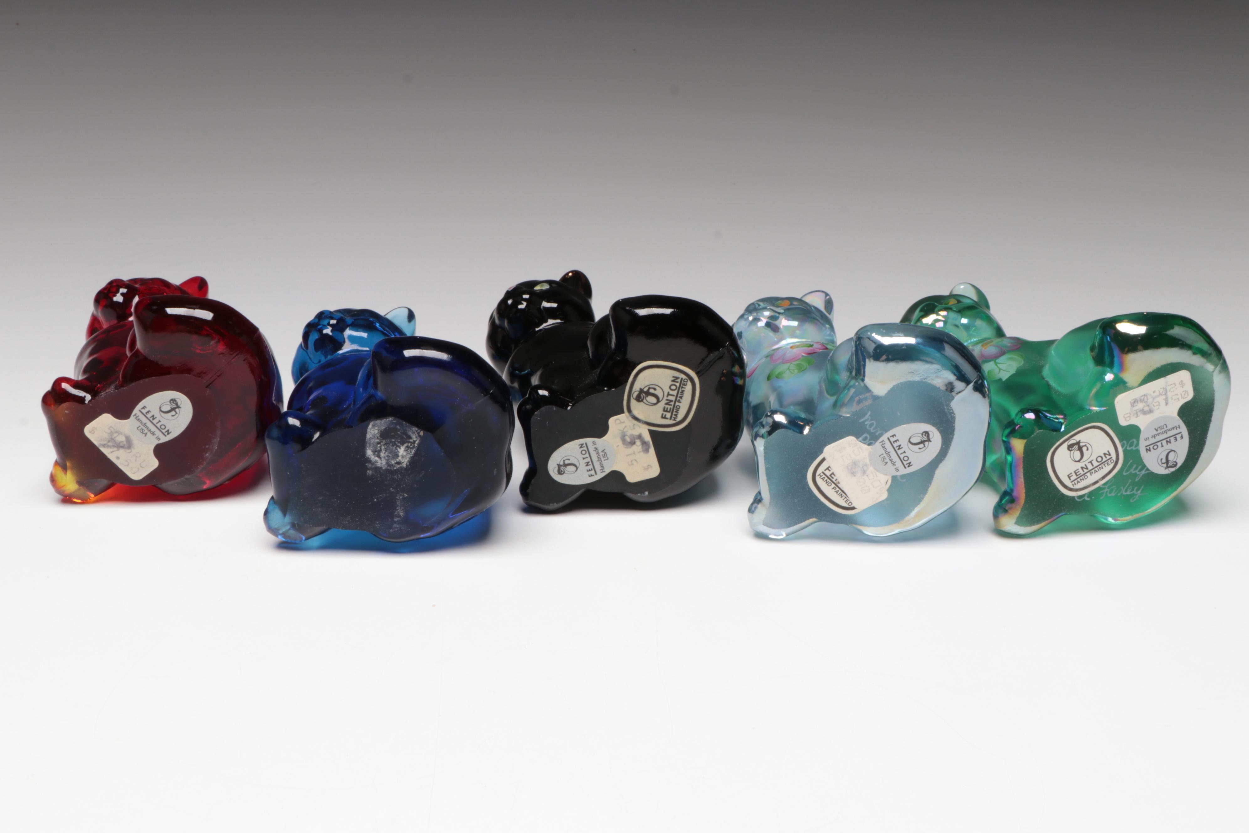 Hand-Painted Glass Fenton Seated Cat Figurines, Mid to Late 20th C.