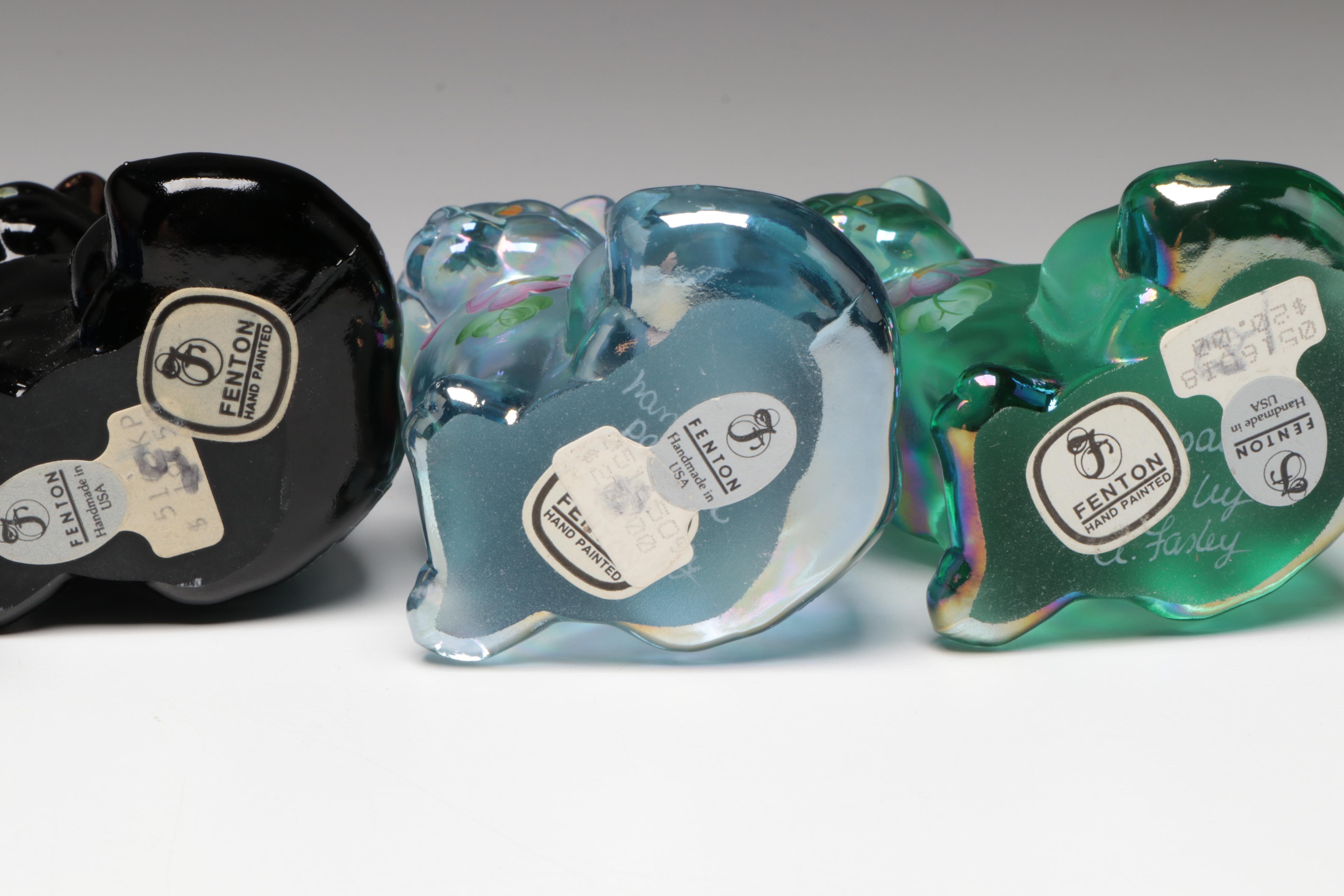Hand-Painted Glass Fenton Seated Cat Figurines, Mid to Late 20th C.