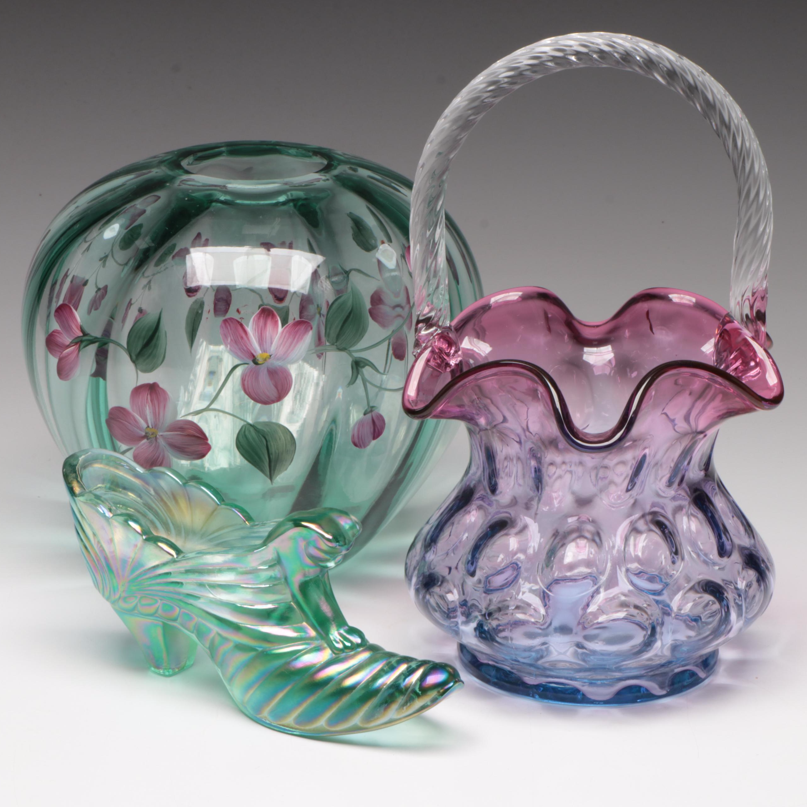 Fenton Hand-Painted Glass Floral Vase with Basket and Shoe Figurine