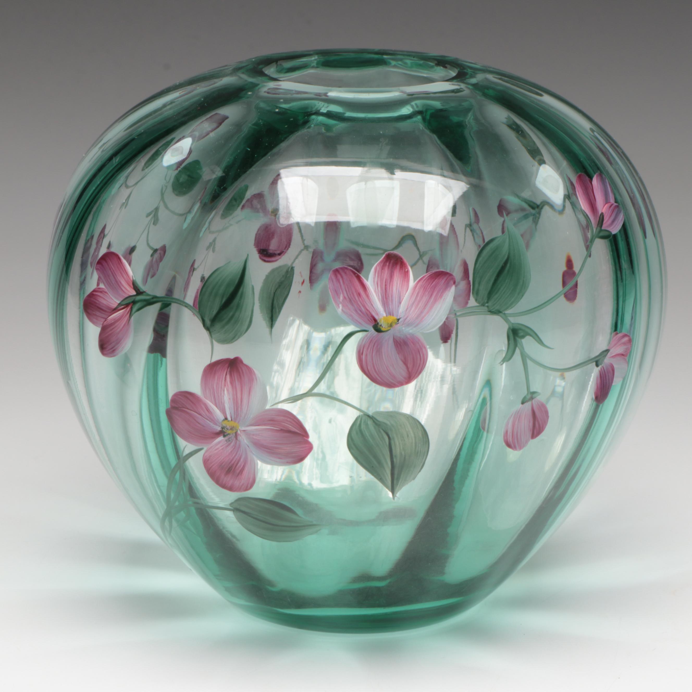 Fenton Hand-Painted Glass Floral Vase with Basket and Shoe Figurine