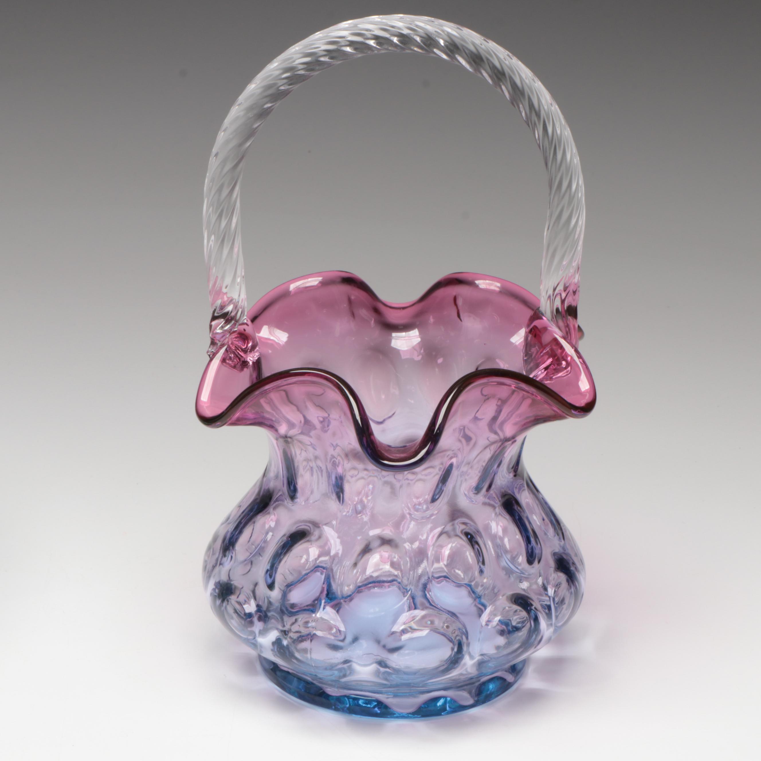 Fenton Hand-Painted Glass Floral Vase with Basket and Shoe Figurine