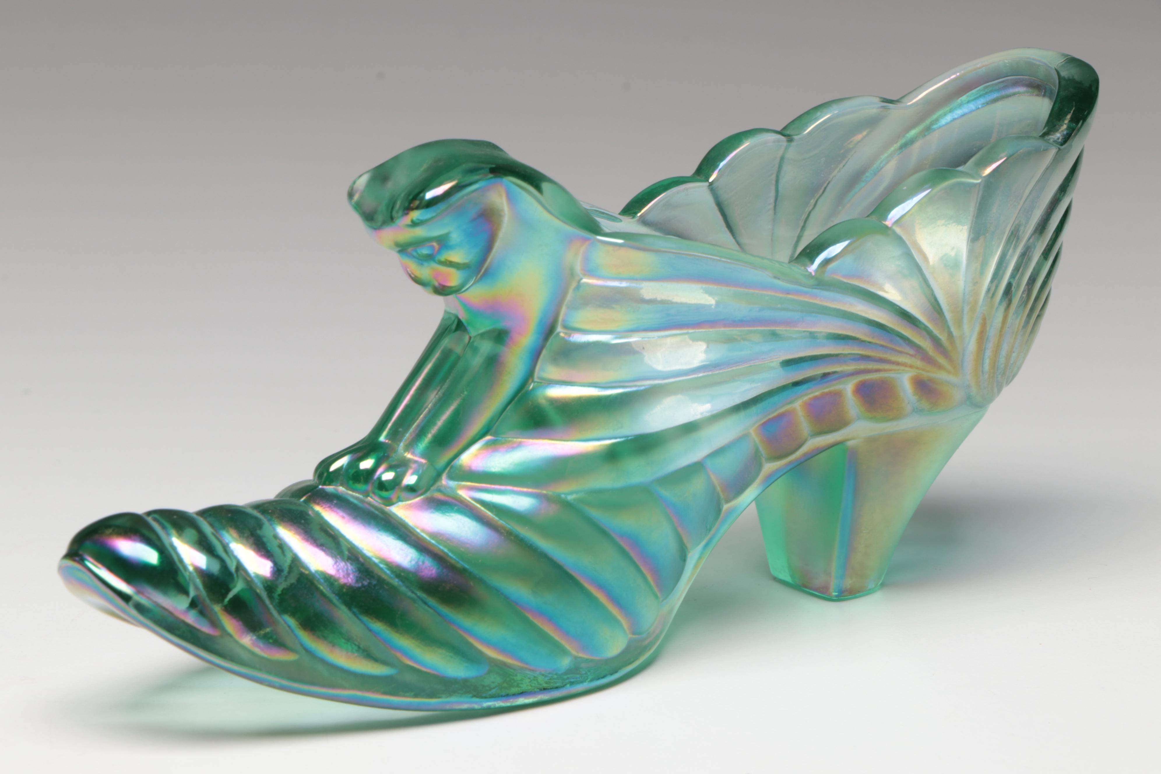 Fenton Hand-Painted Glass Floral Vase with Basket and Shoe Figurine